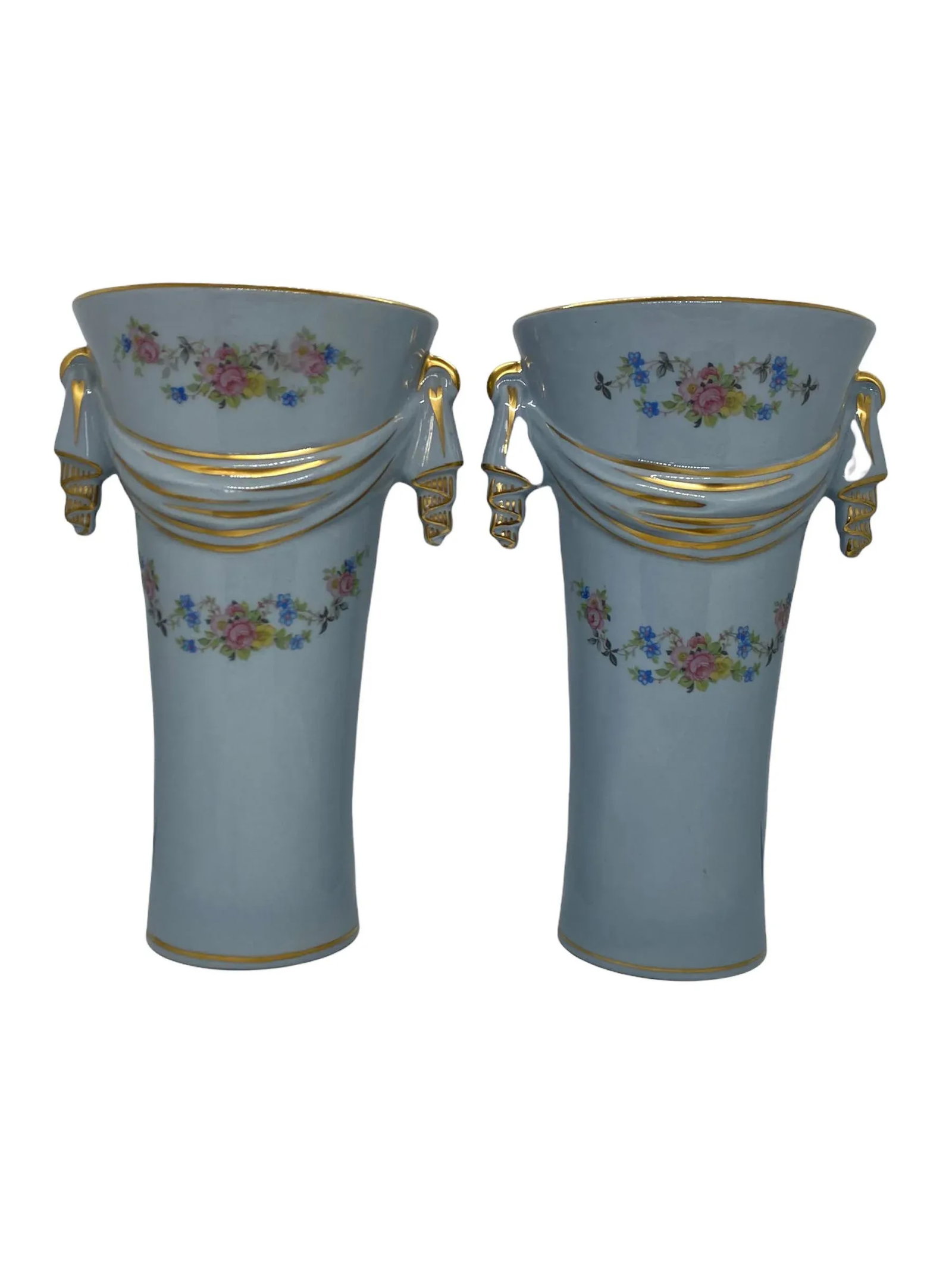 Mid 20th Century Baby Blue Ceramic Vases With Gold Trim and Floral Design - a Pair - 11