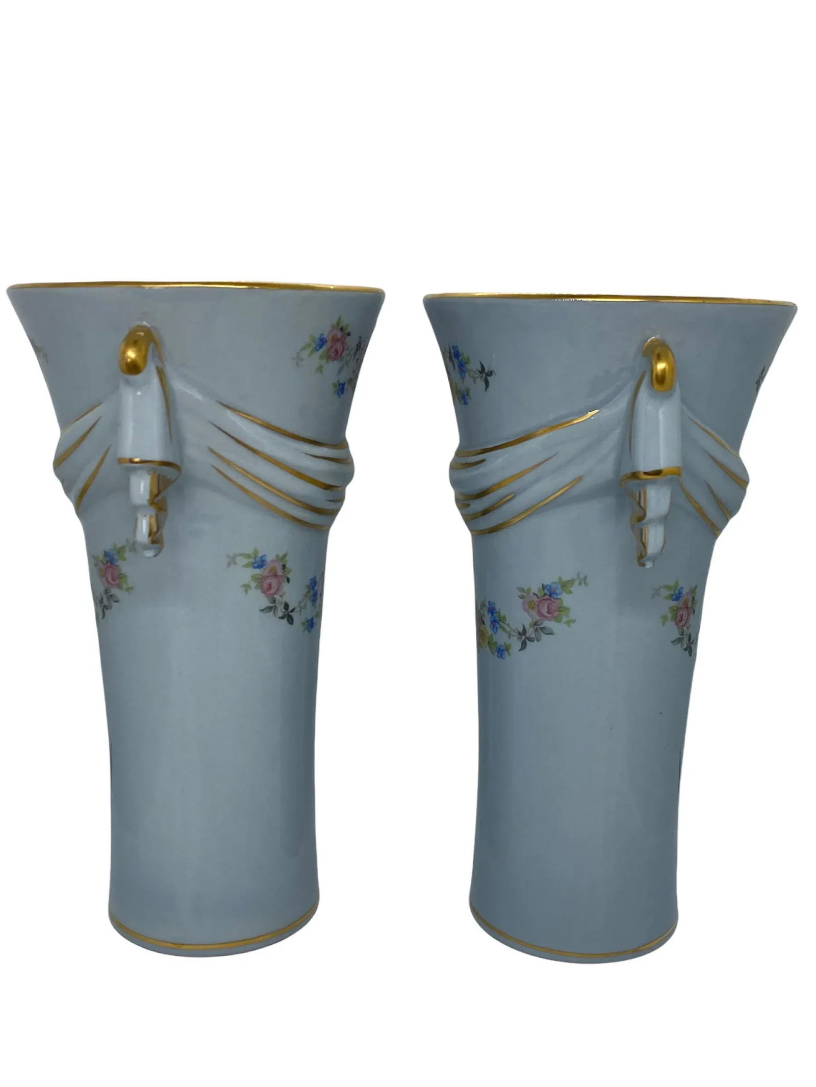Mid 20th Century Baby Blue Ceramic Vases With Gold Trim and Floral Design - a Pair - 2