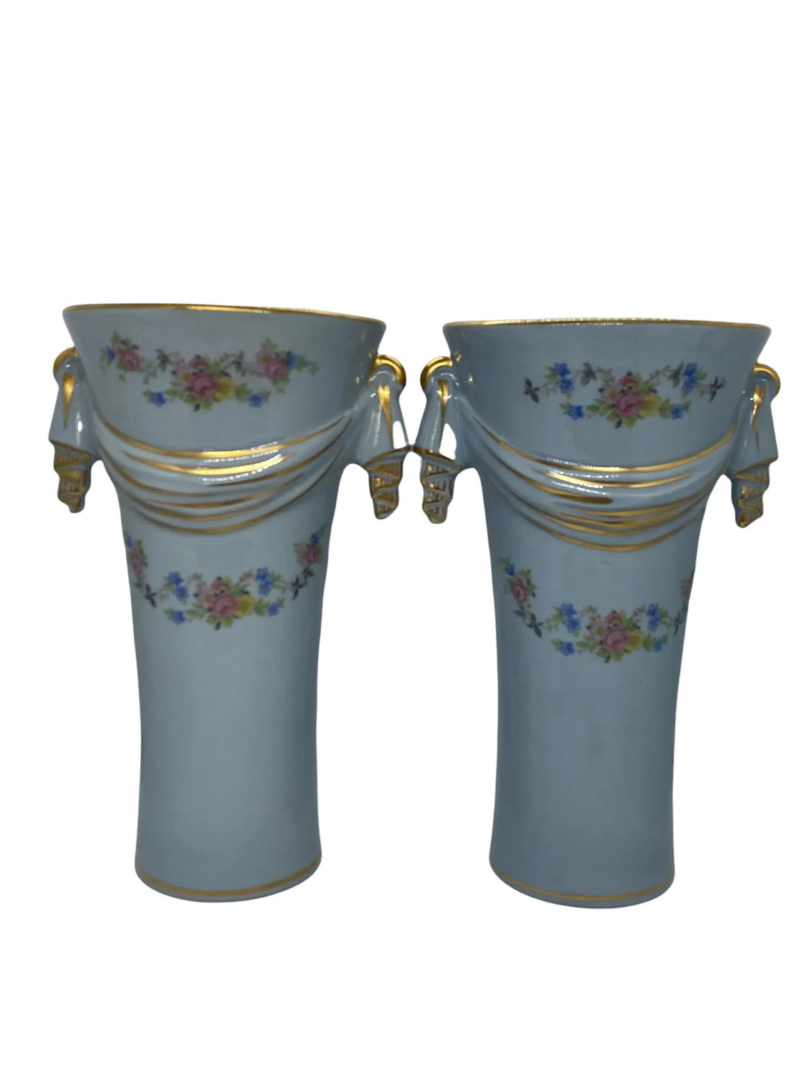 Mid 20th Century Baby Blue Ceramic Vases With Gold Trim and Floral Design - a Pair - 3