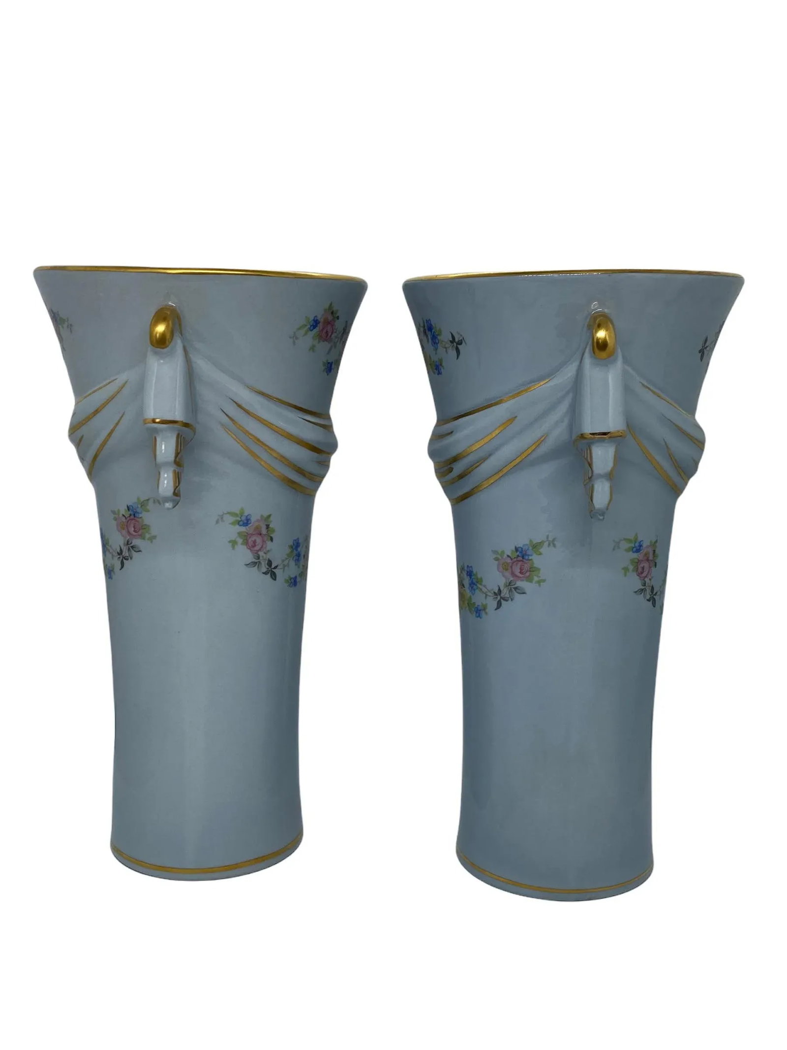 Mid 20th Century Baby Blue Ceramic Vases With Gold Trim and Floral Design - a Pair - 4