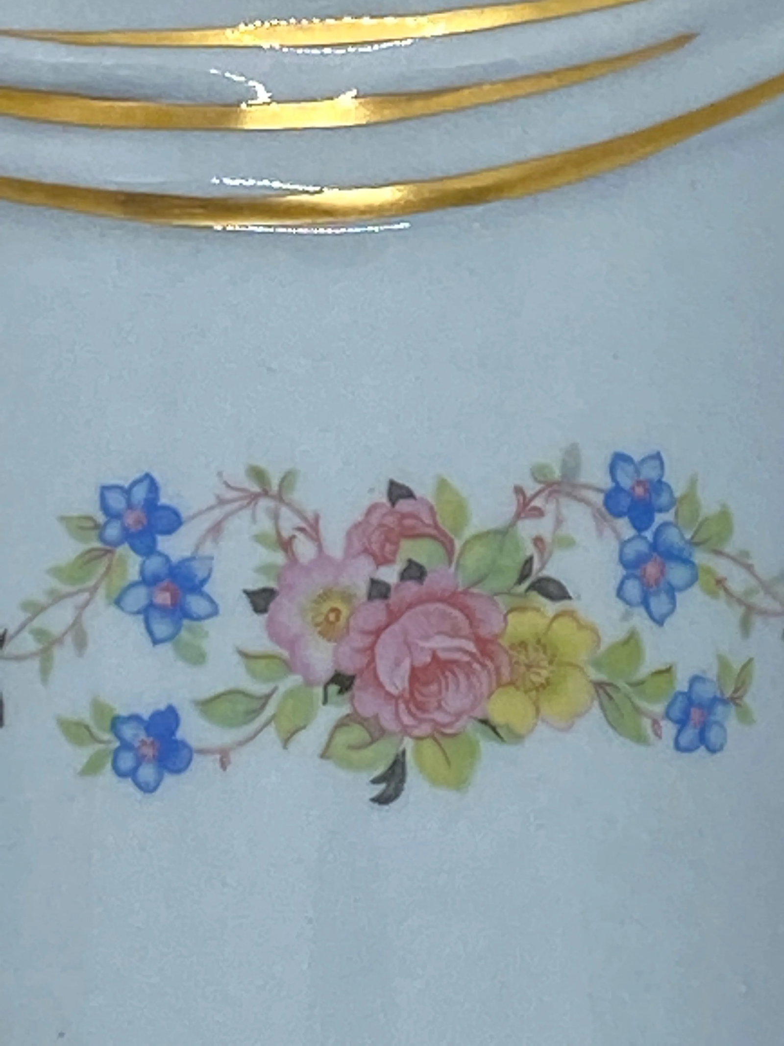 Mid 20th Century Baby Blue Ceramic Vases With Gold Trim and Floral Design - a Pair - 5