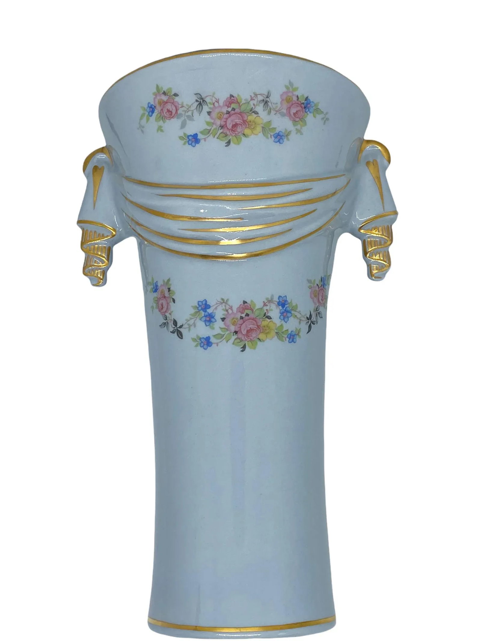 Mid 20th Century Baby Blue Ceramic Vases With Gold Trim and Floral Design - a Pair - 6