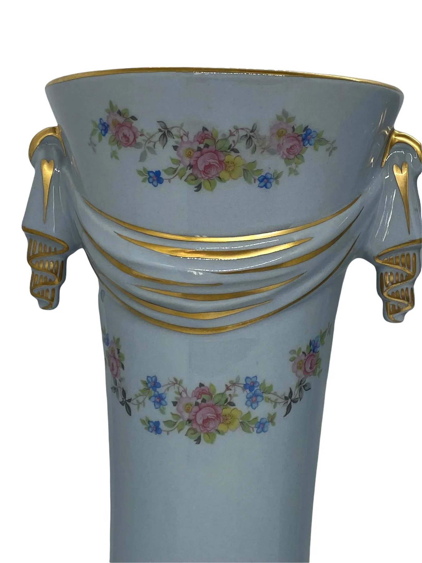Mid 20th Century Baby Blue Ceramic Vases With Gold Trim and Floral Design - a Pair - 7