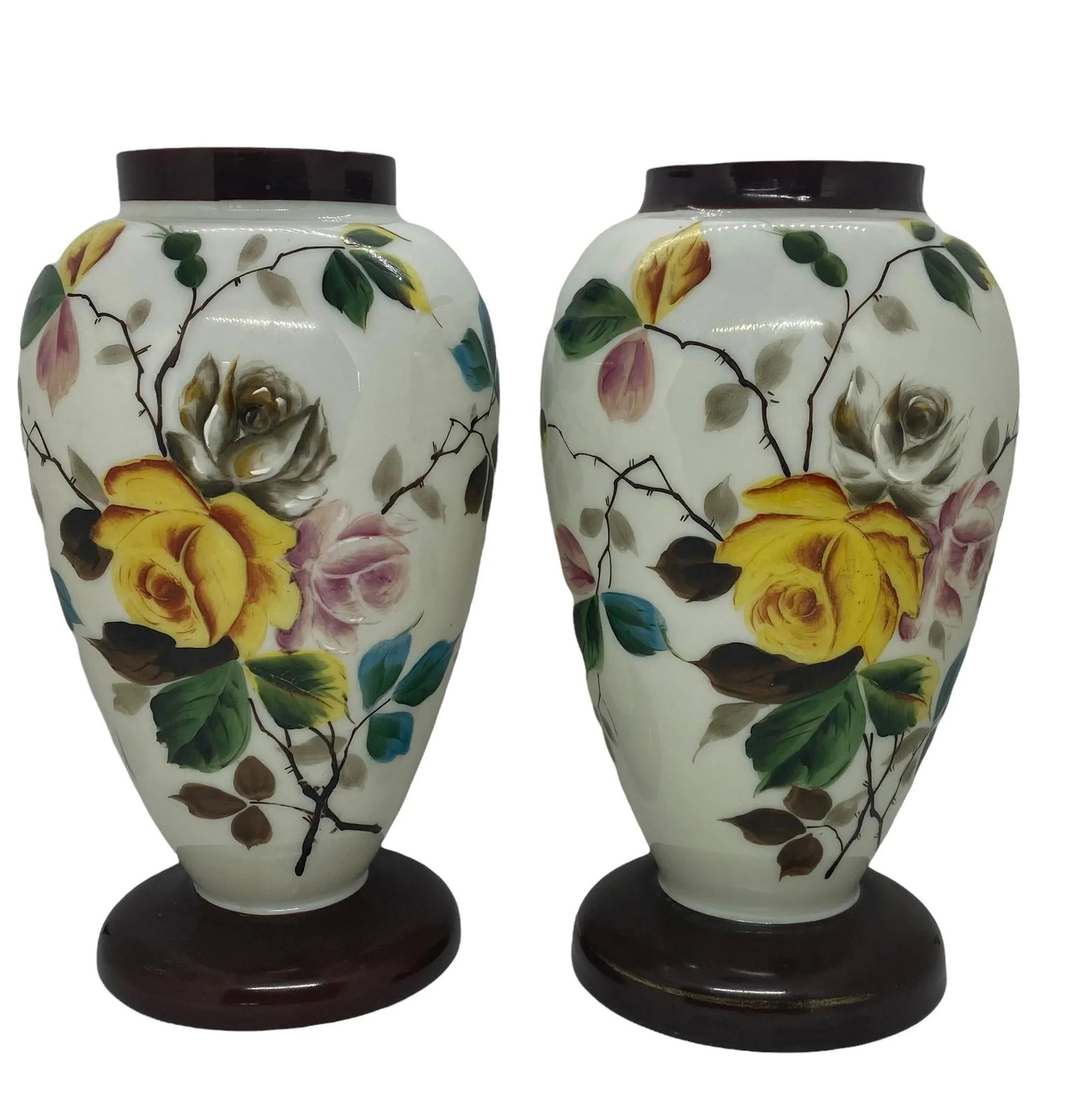 Late 19th Century Bristol Glass Hand Painted Floral Roses Vases - a Pair - 13