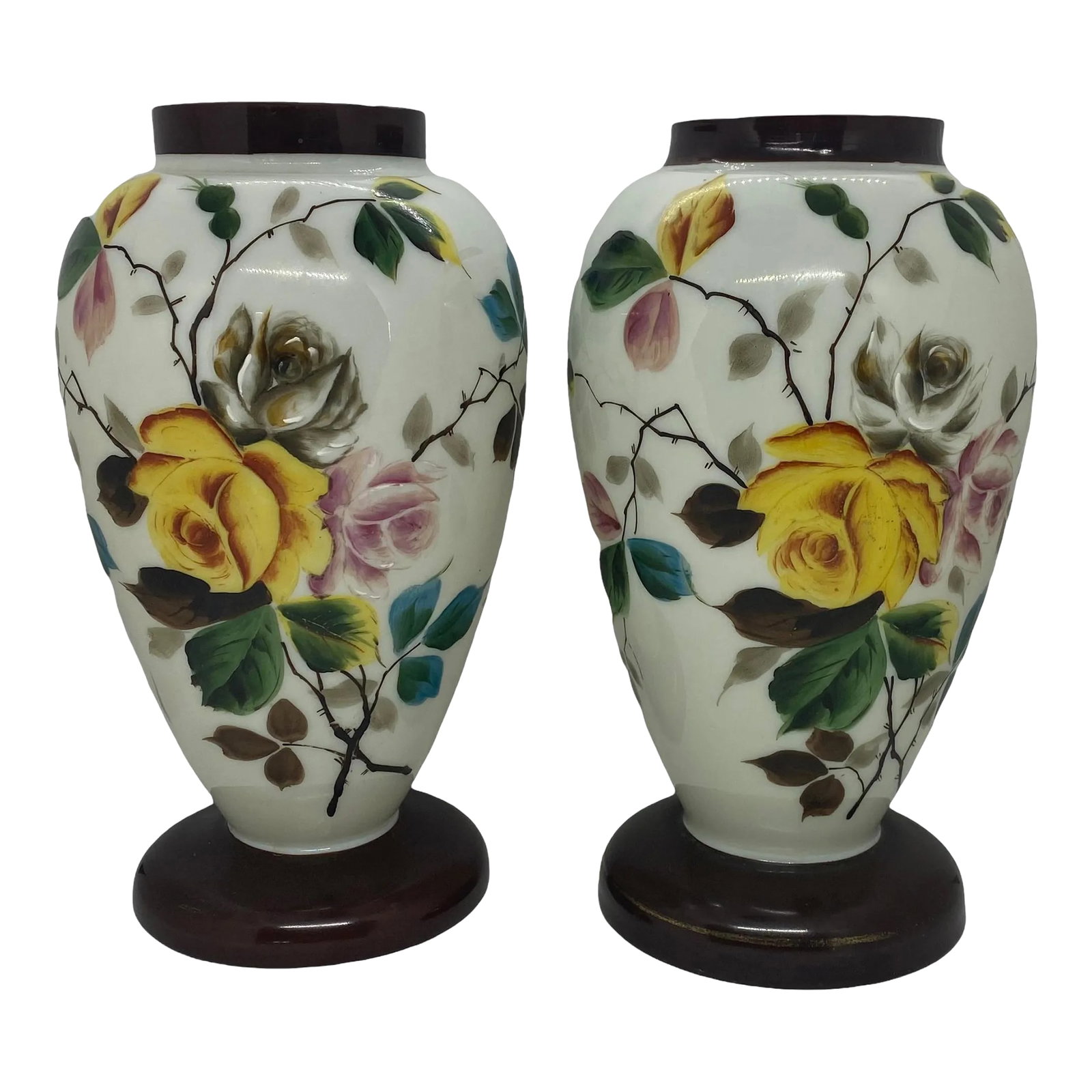 Late 19th Century Bristol Glass Hand Painted Floral Roses Vases - a Pair (1 of 13)