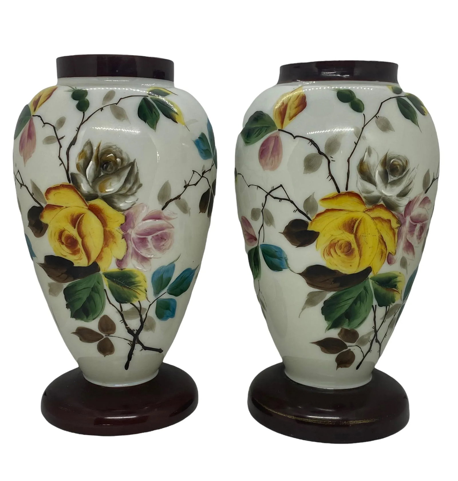 Late 19th Century Bristol Glass Hand Painted Floral Roses Vases - a Pair - 2