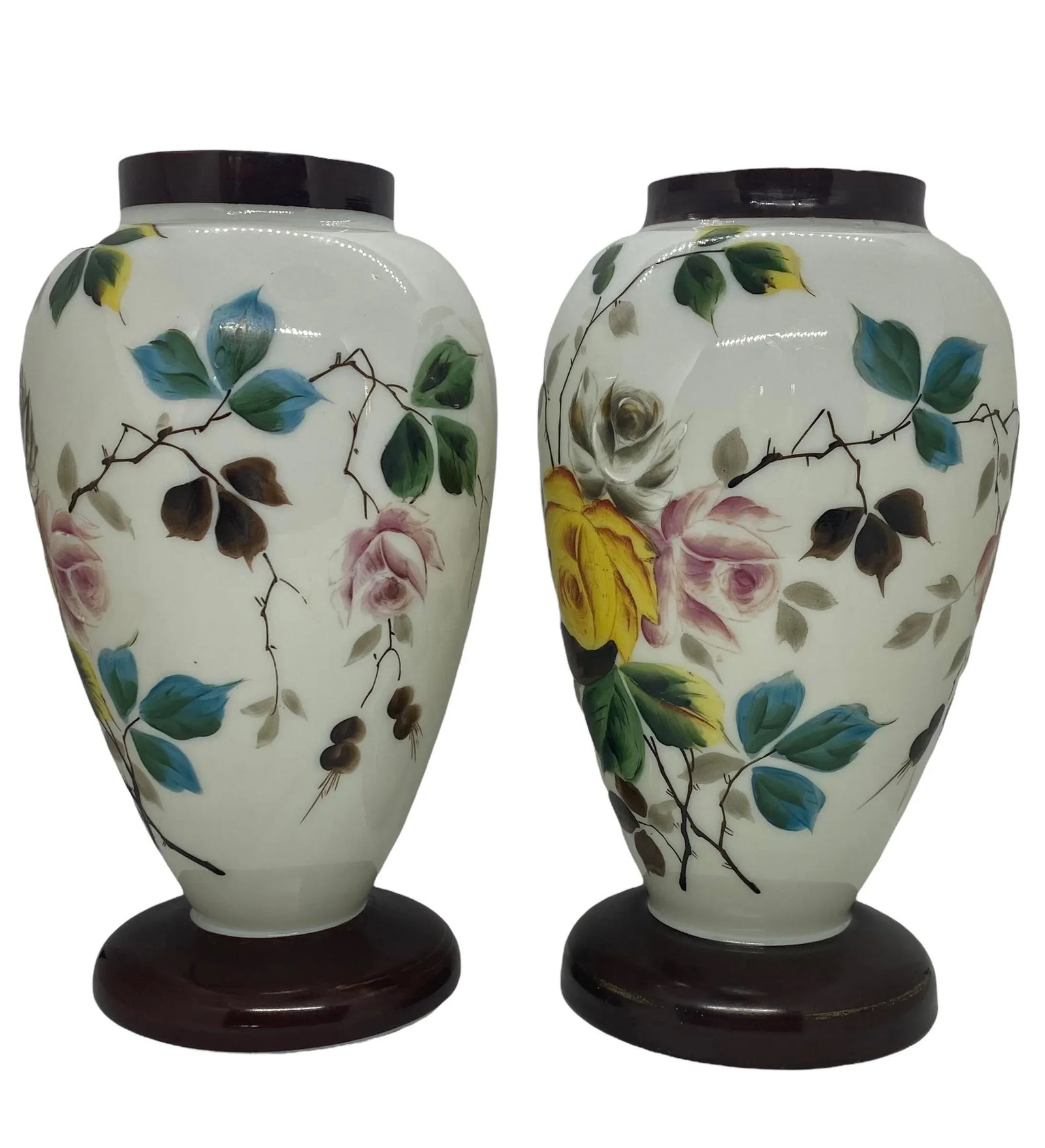 Late 19th Century Bristol Glass Hand Painted Floral Roses Vases - a Pair - 3