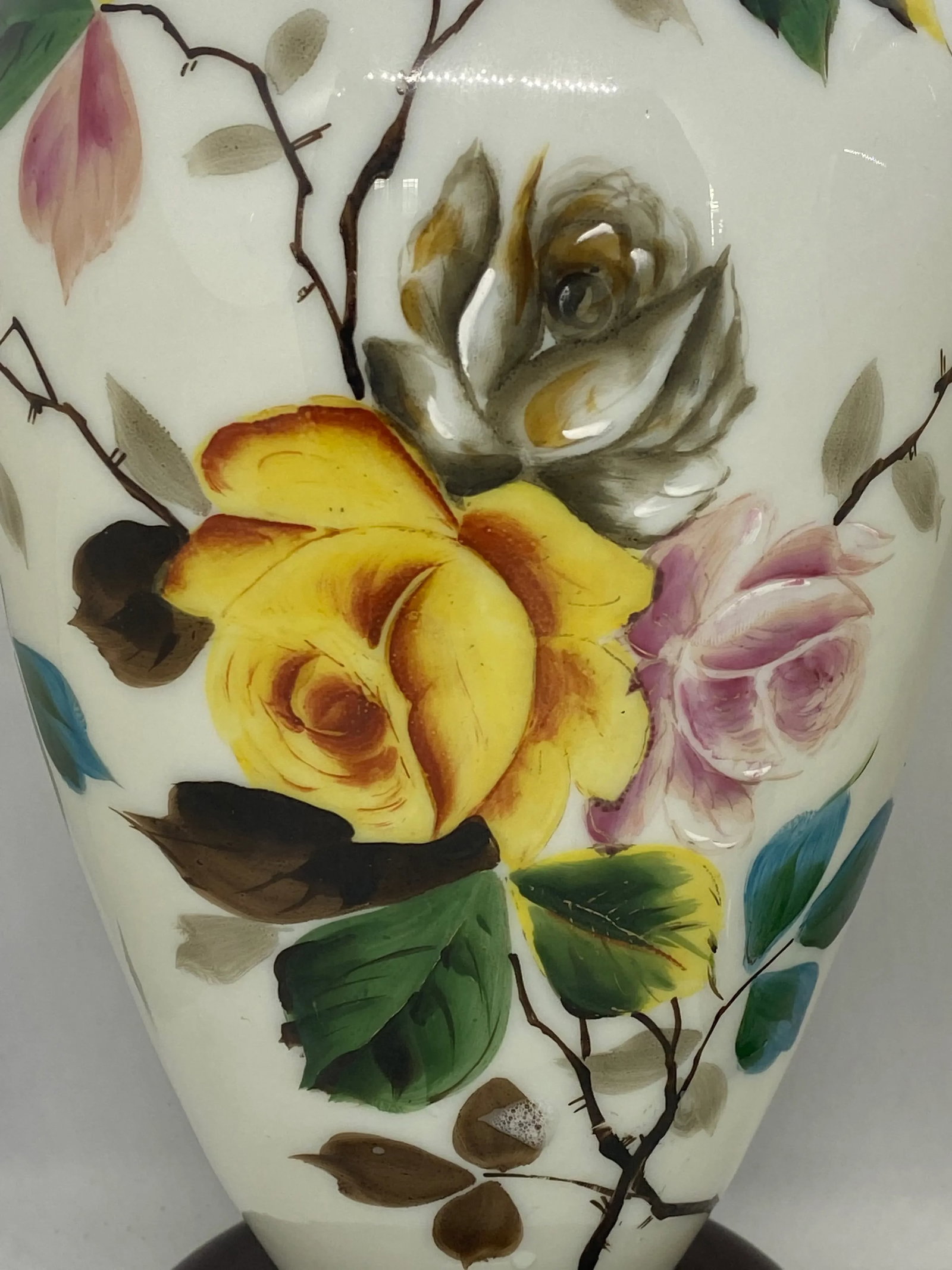 Late 19th Century Bristol Glass Hand Painted Floral Roses Vases - a Pair - 4