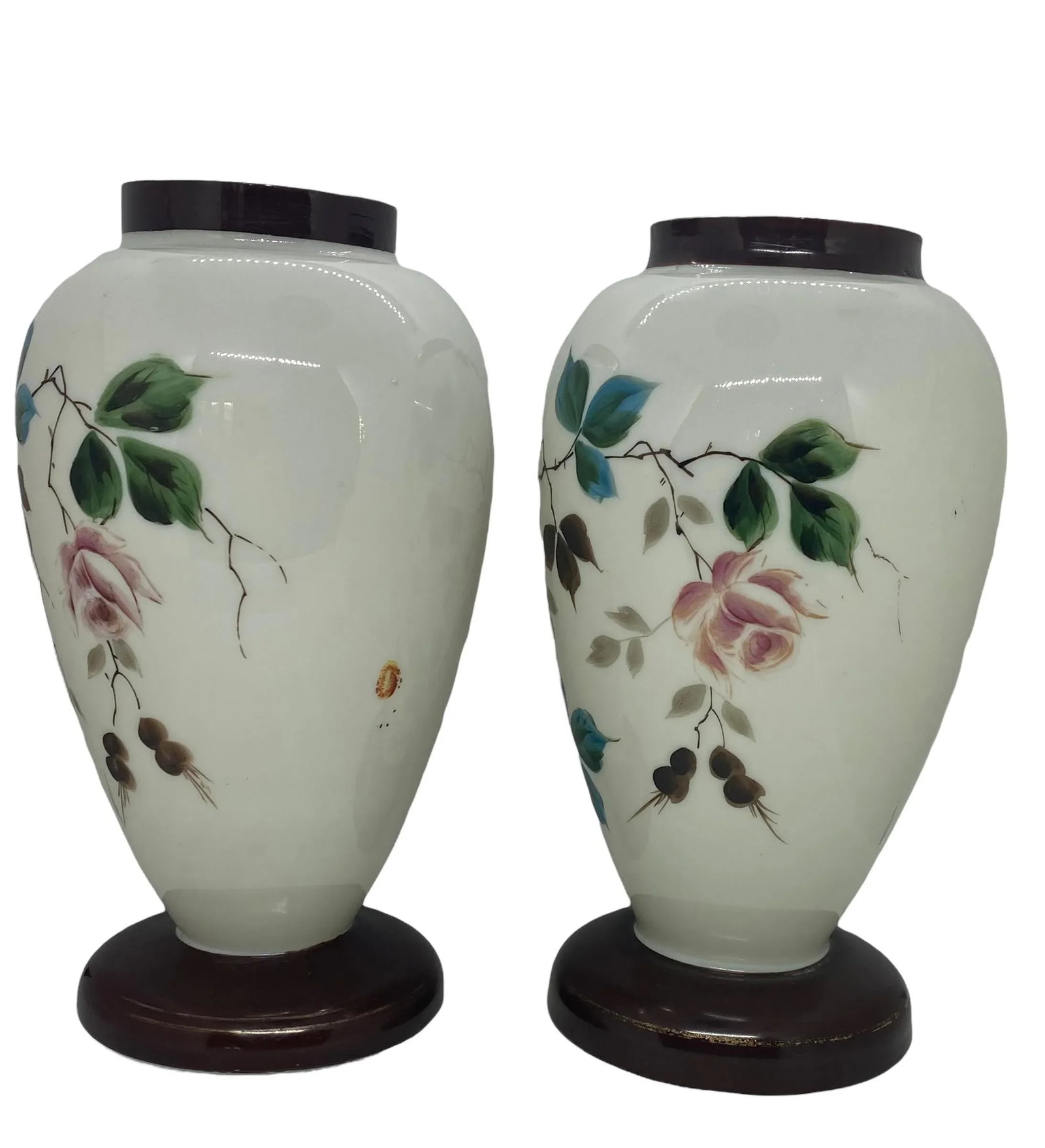 Late 19th Century Bristol Glass Hand Painted Floral Roses Vases - a Pair - 5