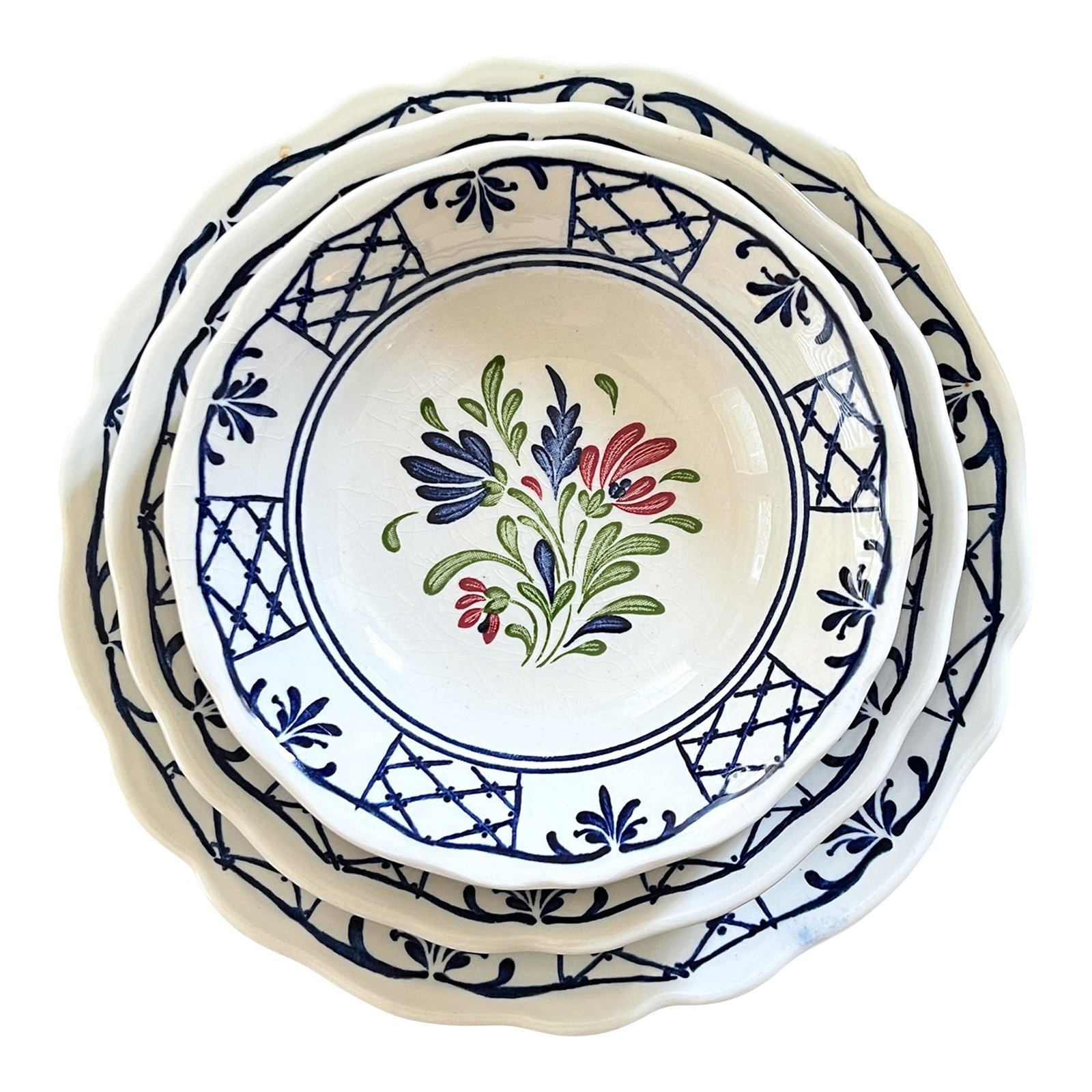 Vintage Johnson Brothers Provincial Hand Engraved Ironstone Bowls, 13-Piece Set, England: A wonderfully decorative **13-piece set of vintage Johnson Brothers "Provincial" English ironstone bowls**, featuring the pattern's distinctive combination of cobalt blue latticework, stylized foliate