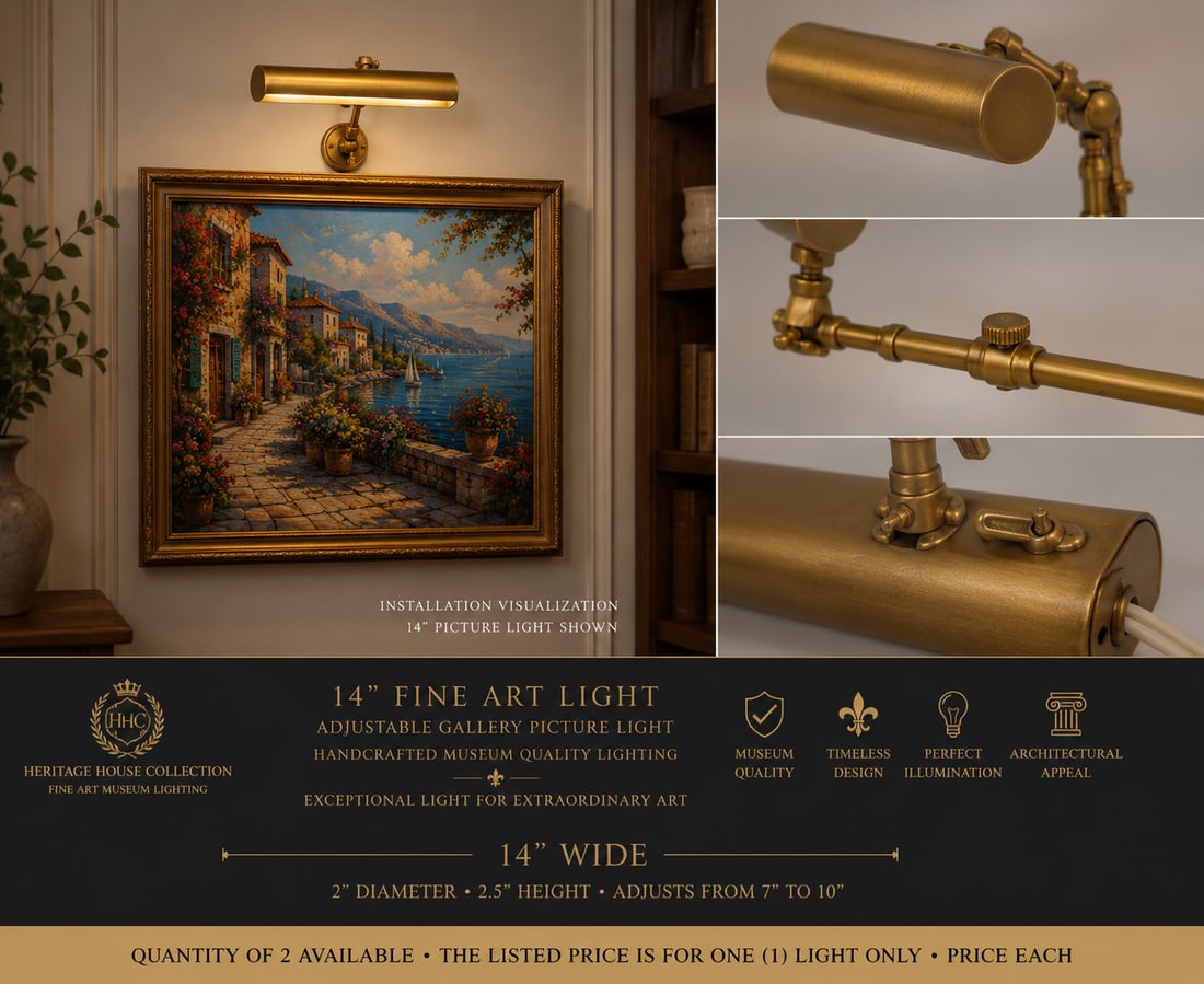 Vintage 14" Adjustable Brass Gallery Picture Light - Articulated Single Arm & Built-in Switch - 11