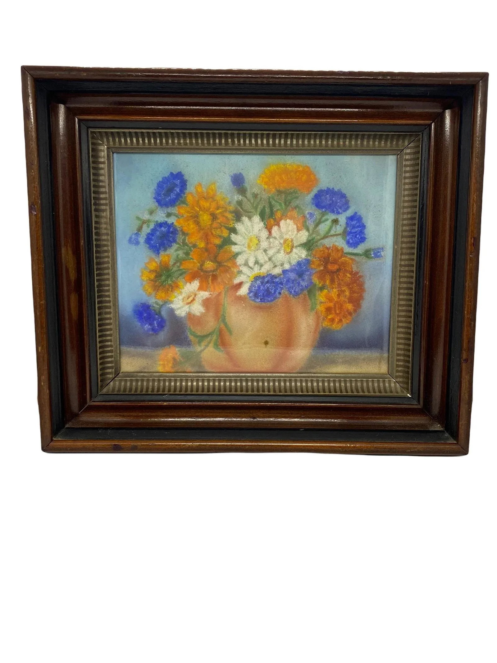 Mid 20th Century "Floral Still Life - Orange Zinnias and Daisies" Oil Painting, Framed - 13