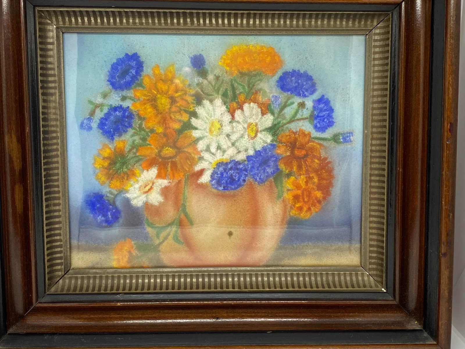 Mid 20th Century "Floral Still Life - Orange Zinnias and Daisies" Oil Painting, Framed - 3
