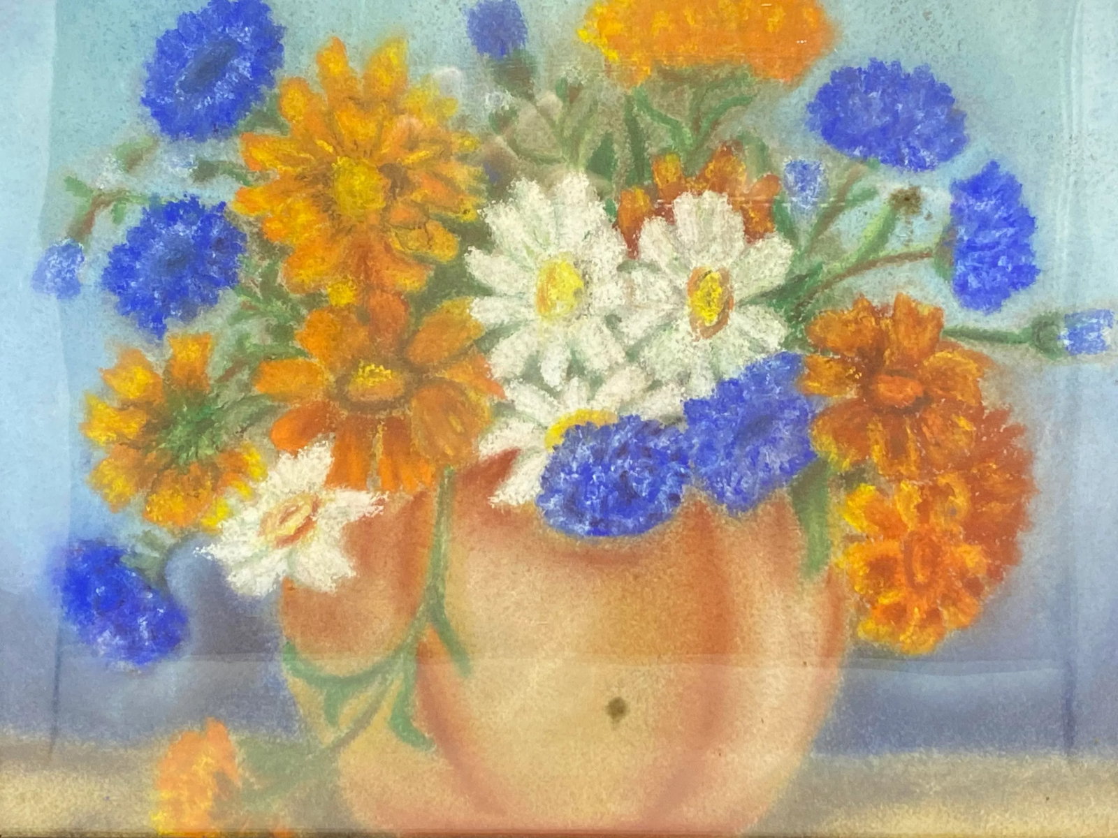 Mid 20th Century "Floral Still Life - Orange Zinnias and Daisies" Oil Painting, Framed - 4