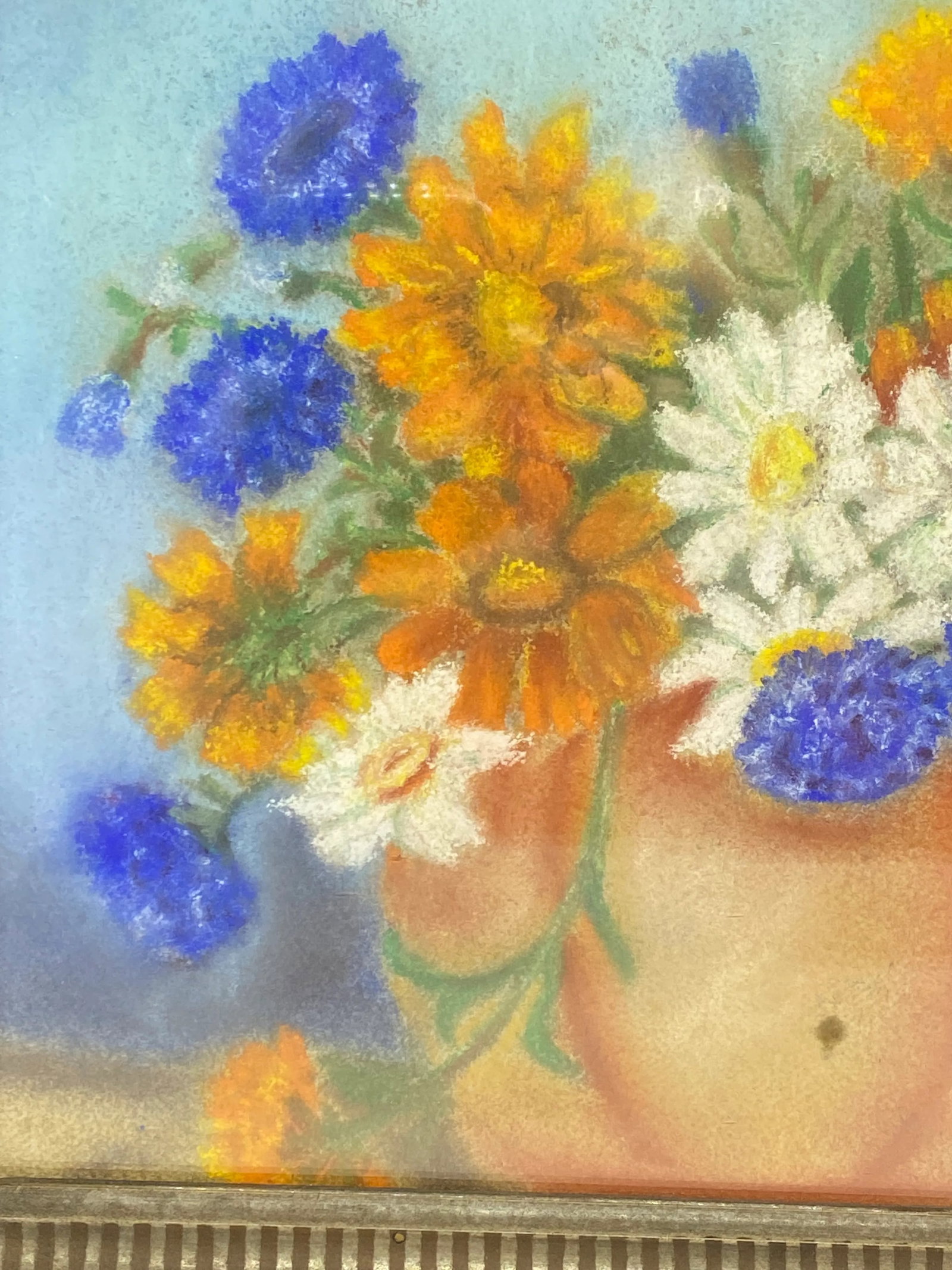 Mid 20th Century "Floral Still Life - Orange Zinnias and Daisies" Oil Painting, Framed - 6