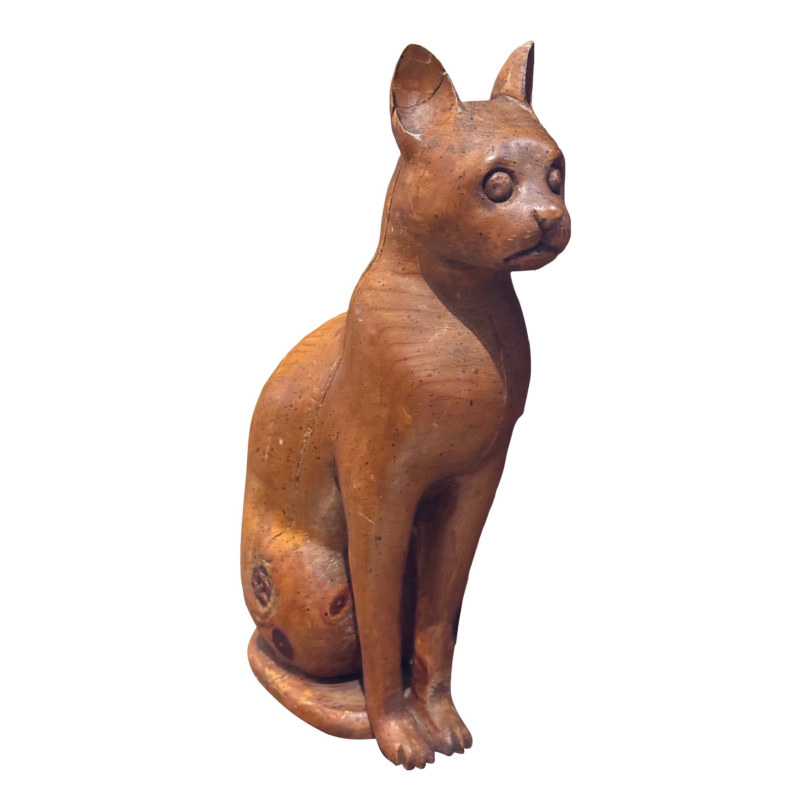 Vintage Midcentury Cat Sculpture - Attr. Sarreid, Italy: Gorgeous wooden seated cat sculpture attributed to Sarreid, Italy. Midcentury. Life-sized. Warm colored wood (oak? Pecan?) with visible tree rings and knots. Some splitting, as seen in pictures, but