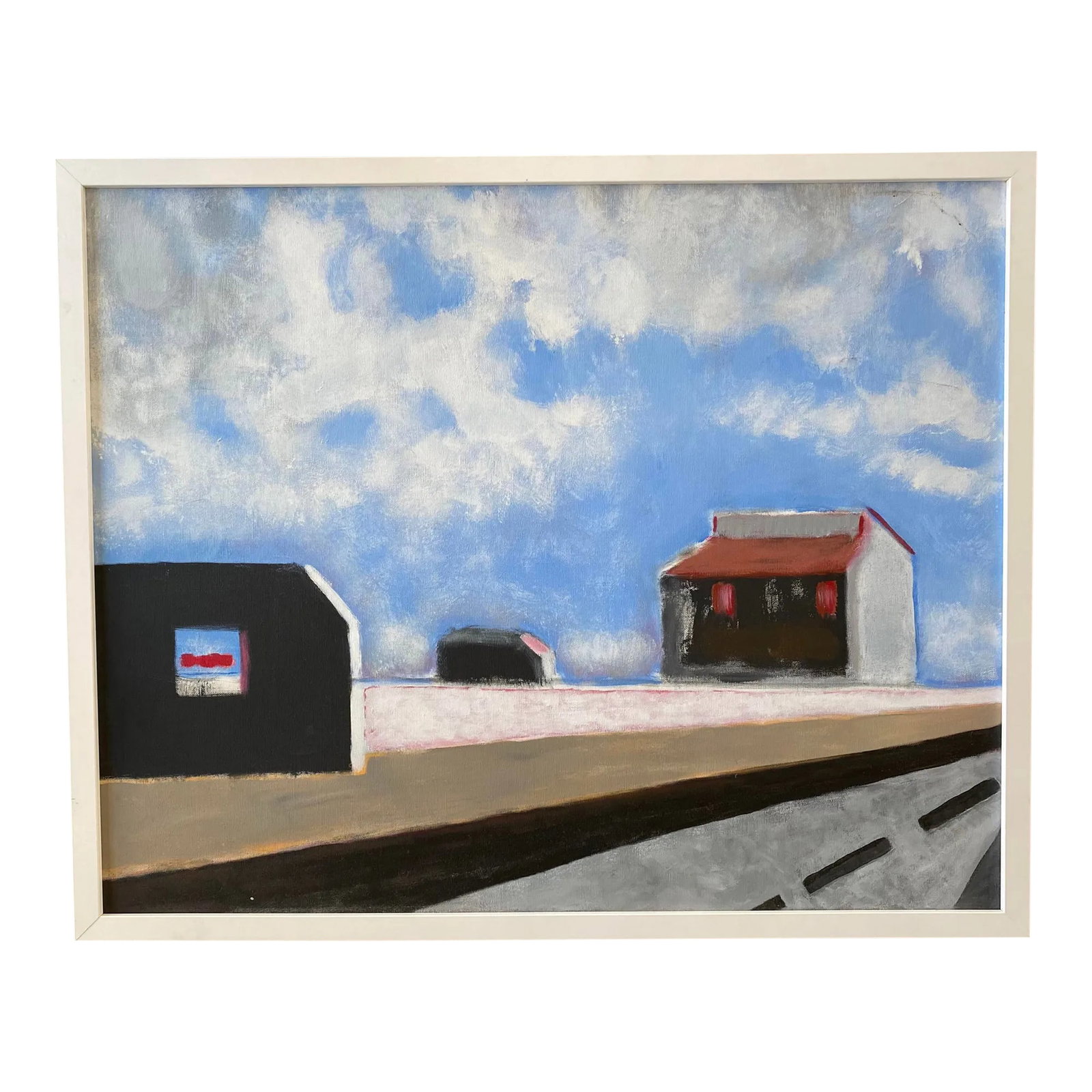 Framed Vintage Abstract Landscape Painting: Vintage abstract landscape painting of buildings and road. Recent professional white wood frame. Some light surface staining along top edge. Unsigned. Framed dimensions 31.5" x 25.5" x 2.25" Painting
