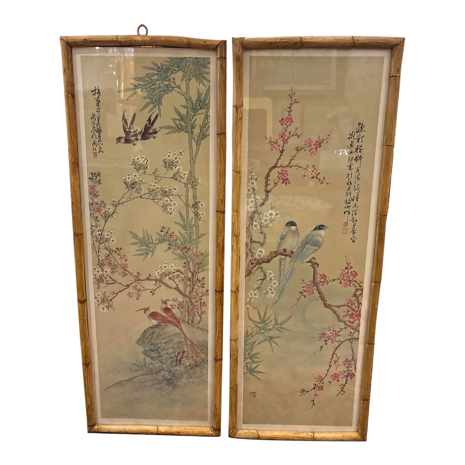 Early 20th Century Pair of Chinese Prints in Bamboo Frames: A striking pair of vintage Chinese prints mounted in natural bamboo frames, each capturing the delicate artistry of classical Eastern aesthetics. The prints feature traditional motifs rendered in soft