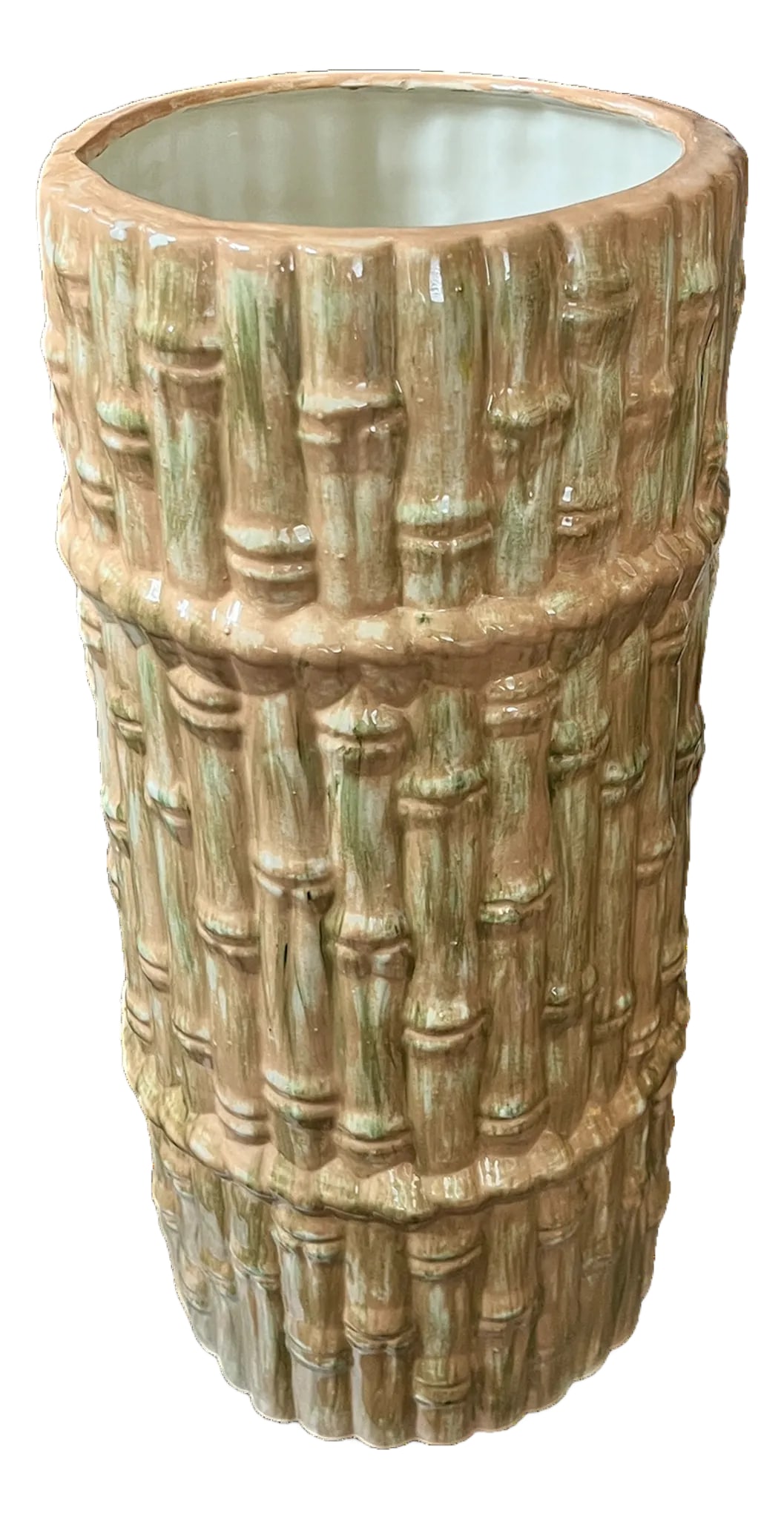 Mid 20th Century Hollywood Regency Majolica Faux Bamboo Umbrella Stand or Floor Vase, Palm Beach Sty: Bring timeless Palm Beach style to your entryway or living space with this vintage majolica faux bamboo umbrella stand. Crafted in glazed ceramic with the appearance of bundled bamboo canes, it featur