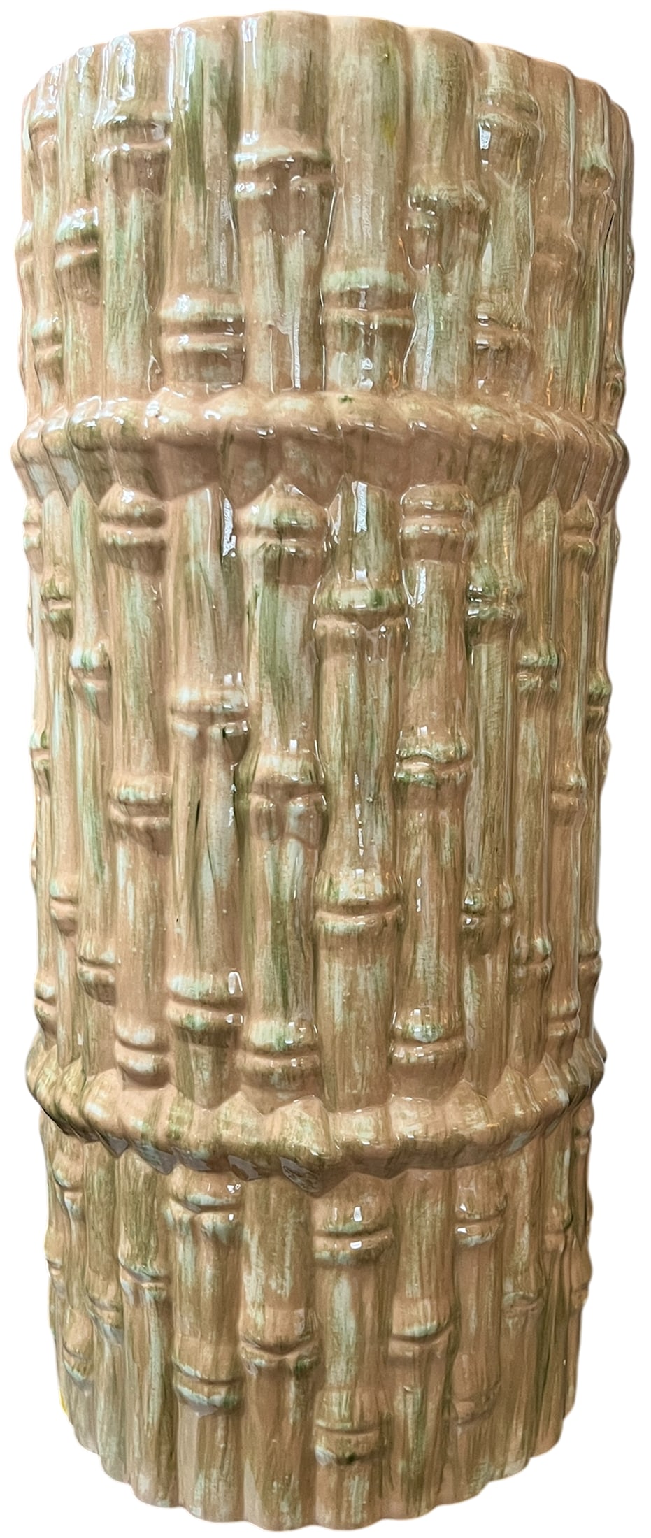 Mid 20th Century Hollywood Regency Majolica Faux Bamboo Umbrella Stand or Floor Vase, Palm Beach Sty - 2