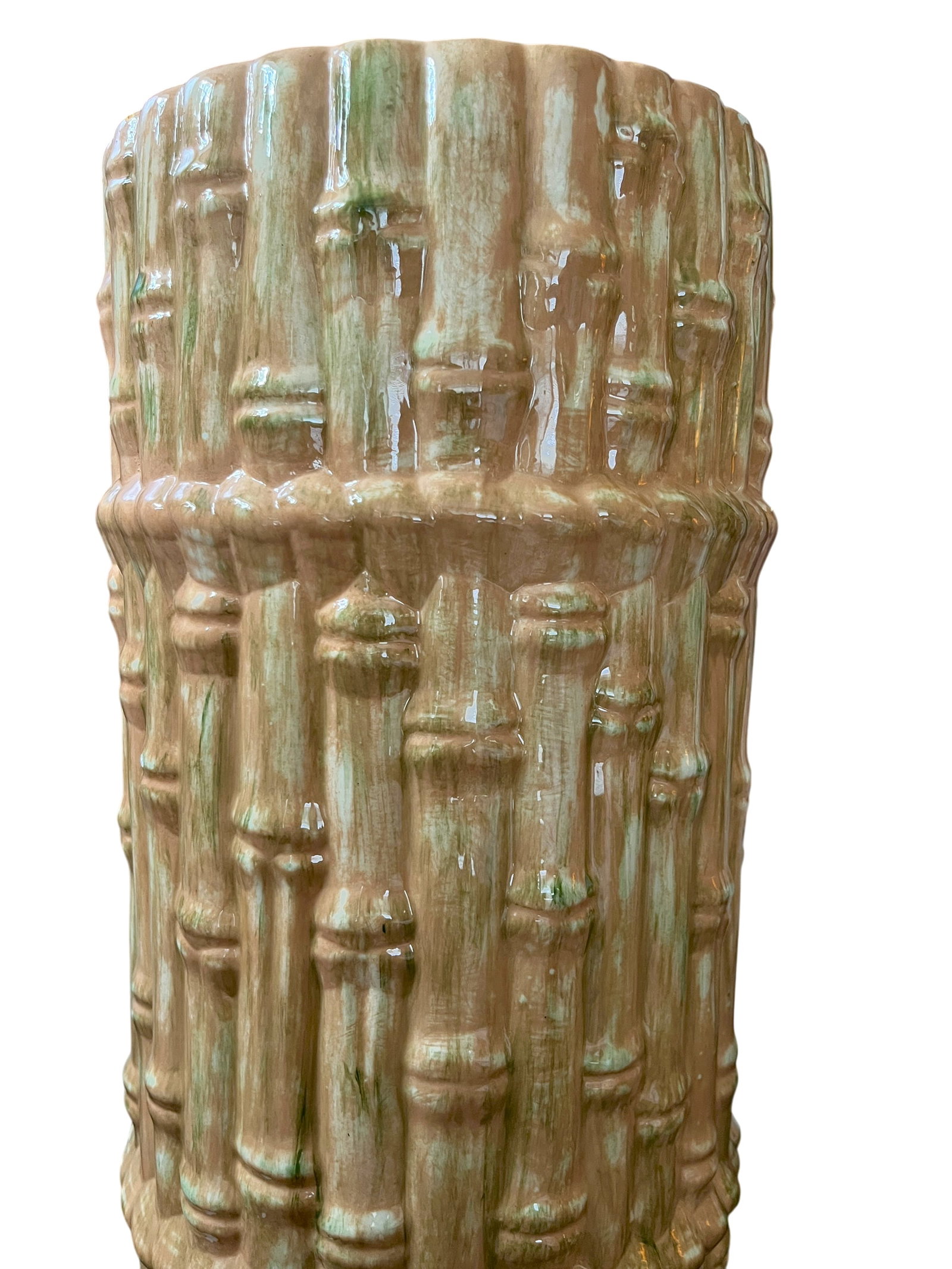 Mid 20th Century Hollywood Regency Majolica Faux Bamboo Umbrella Stand or Floor Vase, Palm Beach Sty - 5