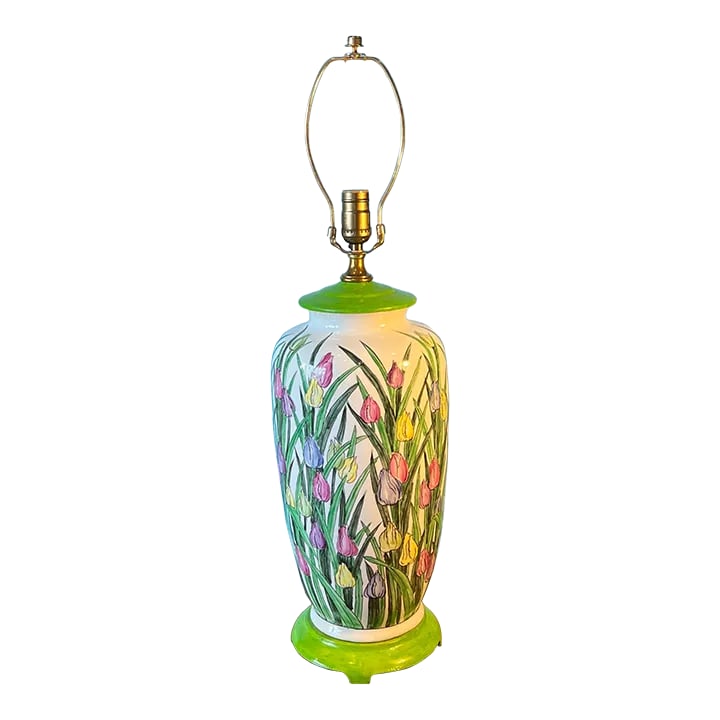 Porcelain Tulip Design Table Lamp: Elegant hand-painted porcelain vase featuring a creamy glaze, adorned with intricate tulip motifs in shades of yellow, purple, and pink. The delicate, slender leaves showcase a range of lush green