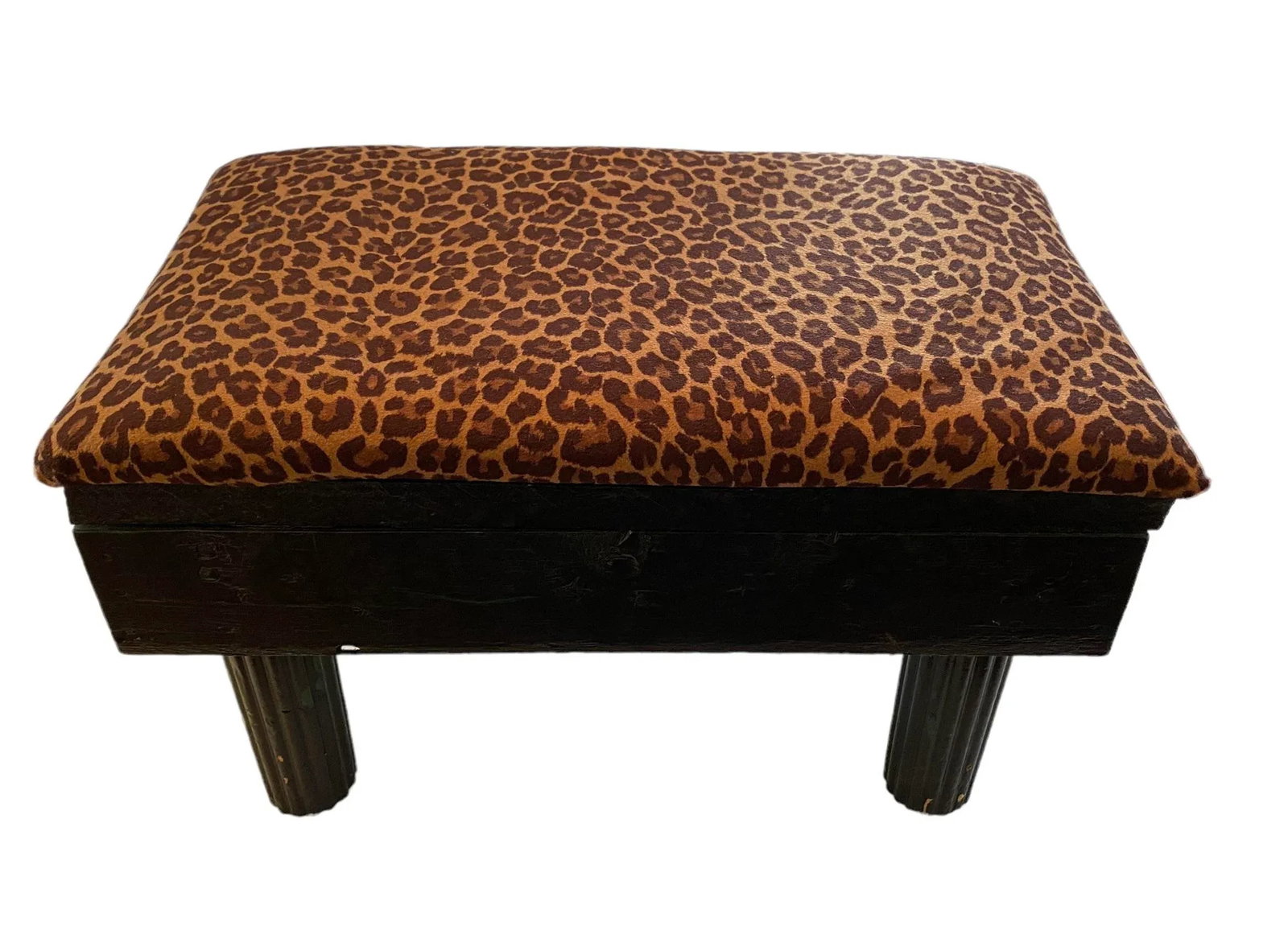Vintage Black Painted Wood Post Stool With Leopard Print Covered Cushion - 13