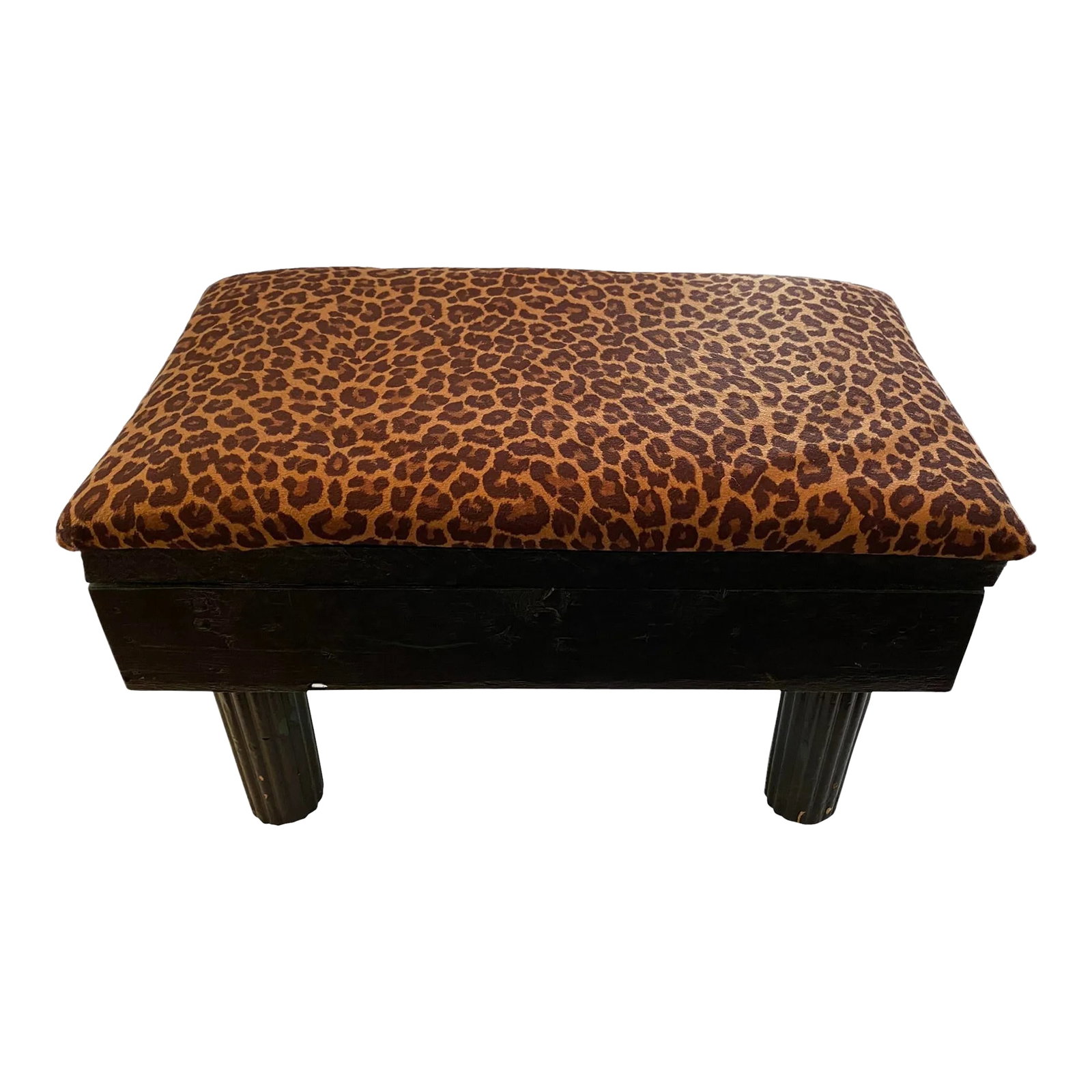 Vintage Black Painted Wood Post Stool With Leopard Print Covered Cushion: Vintage Estate Black Painted Wood Post Stool With Leopard Print Covered Cushion. This wonderful heavy wood stool was found about 12 years ago in the Washington, DC Estate of a French Antiques Dealer. 