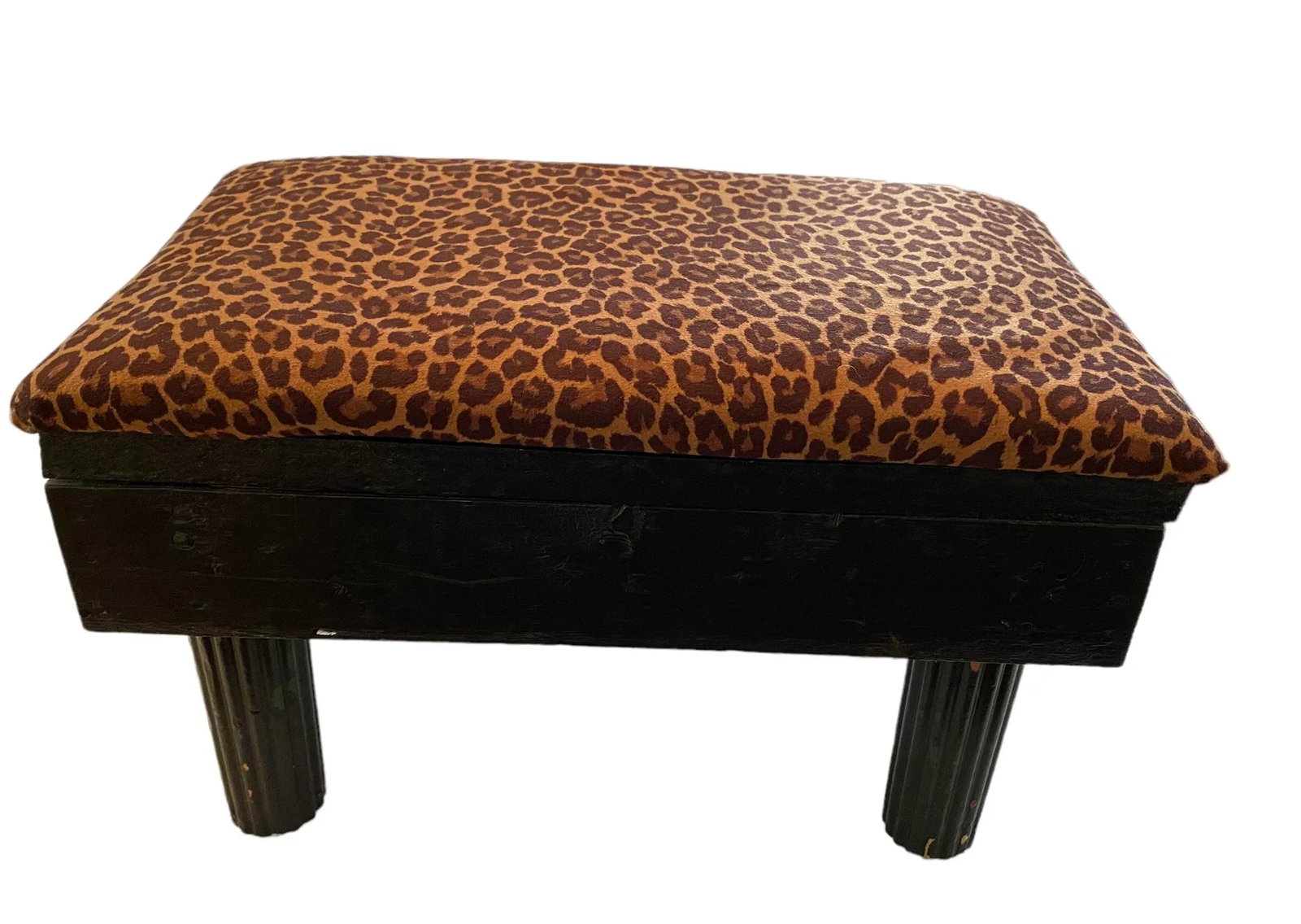 Vintage Black Painted Wood Post Stool With Leopard Print Covered Cushion - 2