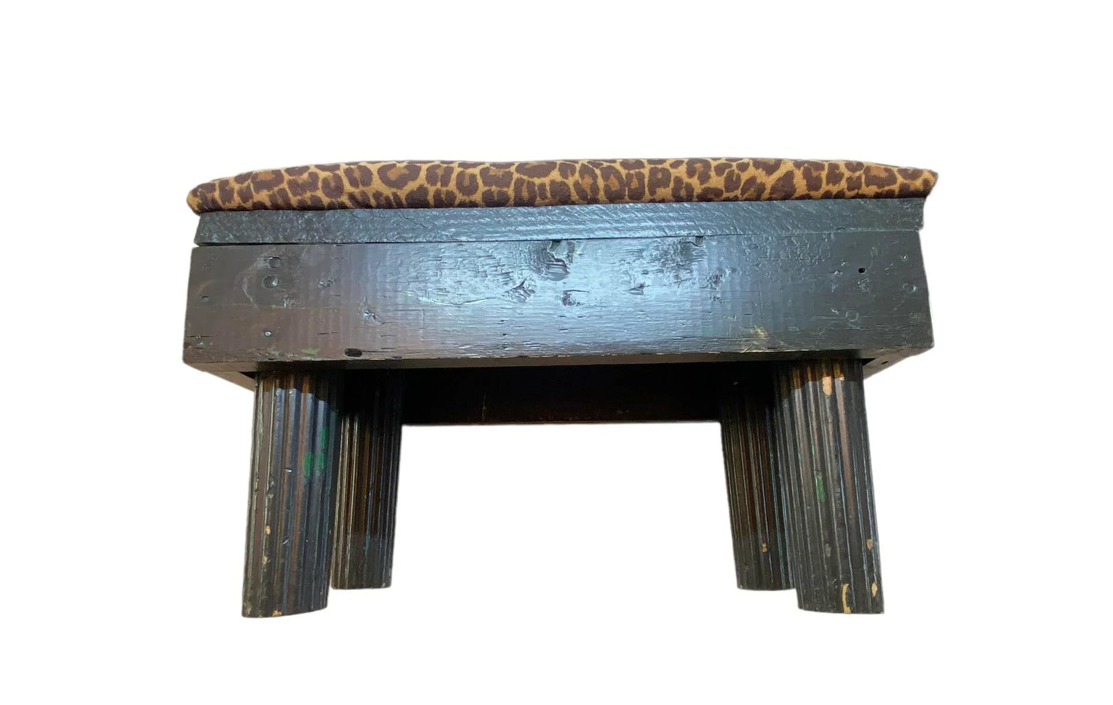 Vintage Black Painted Wood Post Stool With Leopard Print Covered Cushion - 3