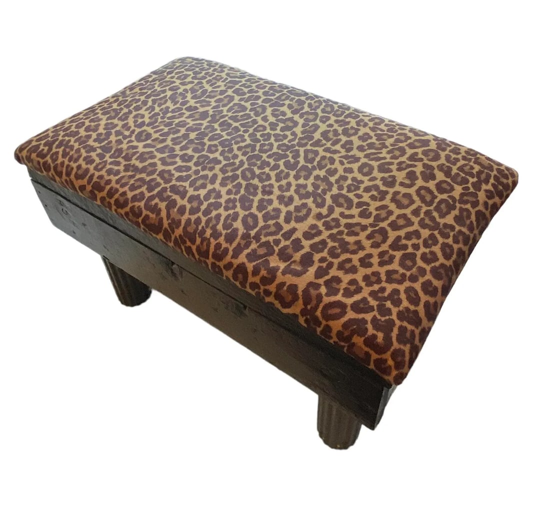 Vintage Black Painted Wood Post Stool With Leopard Print Covered Cushion - 4