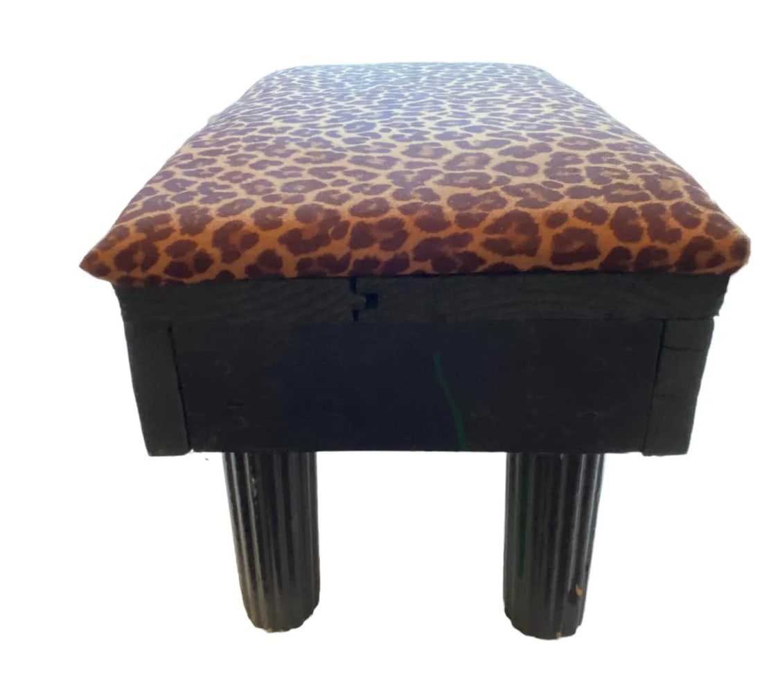 Vintage Black Painted Wood Post Stool With Leopard Print Covered Cushion - 5