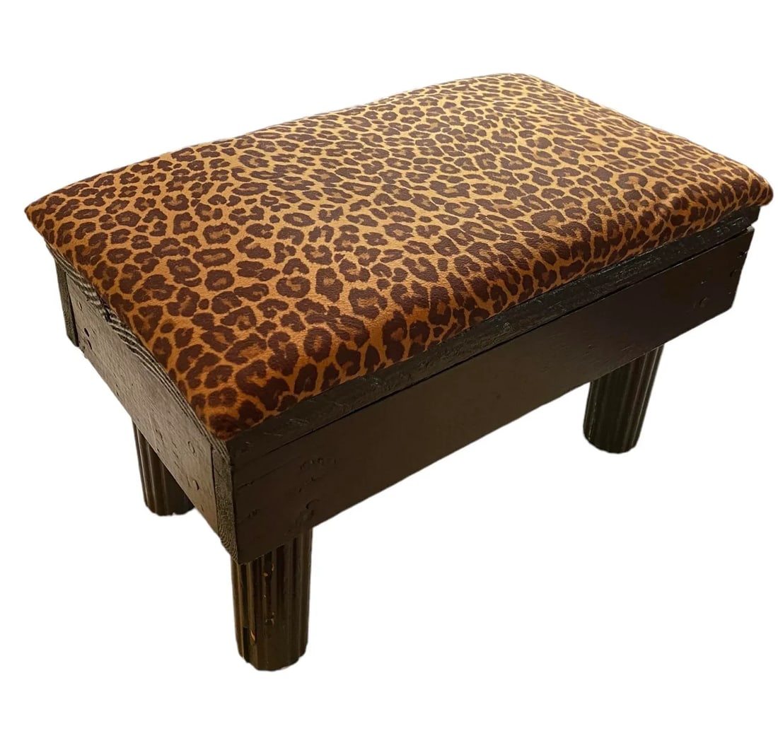 Vintage Black Painted Wood Post Stool With Leopard Print Covered Cushion - 7