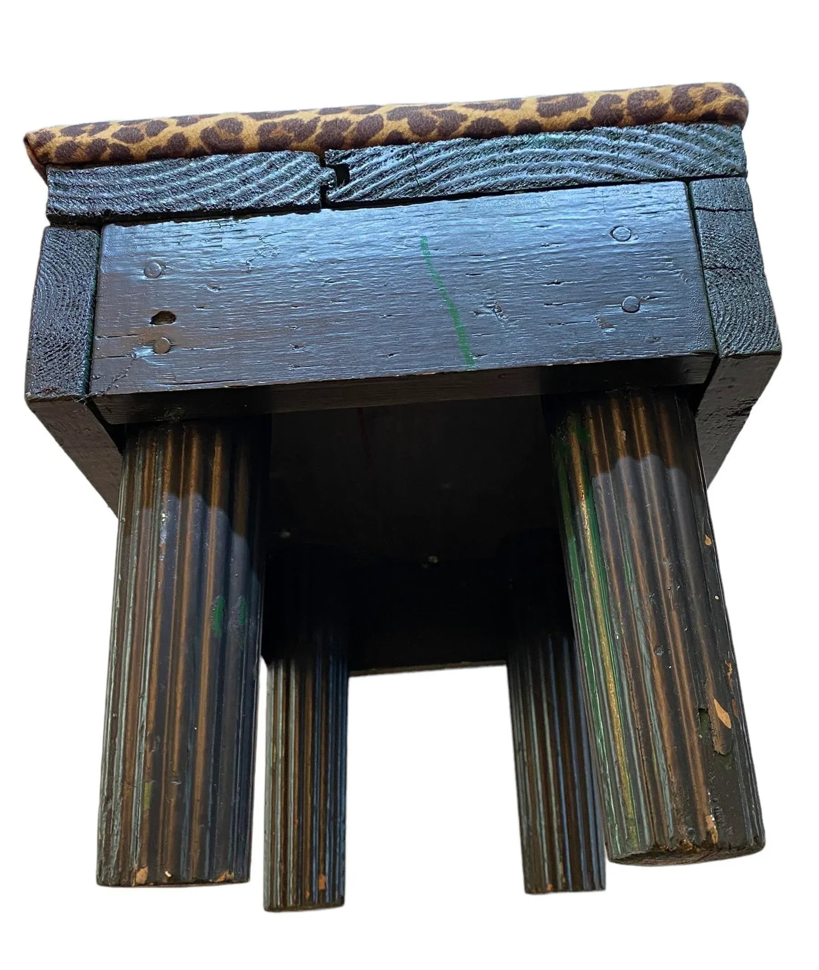 Vintage Black Painted Wood Post Stool With Leopard Print Covered Cushion - 8