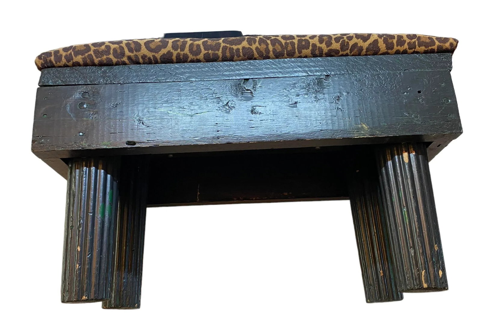 Vintage Black Painted Wood Post Stool With Leopard Print Covered Cushion - 9