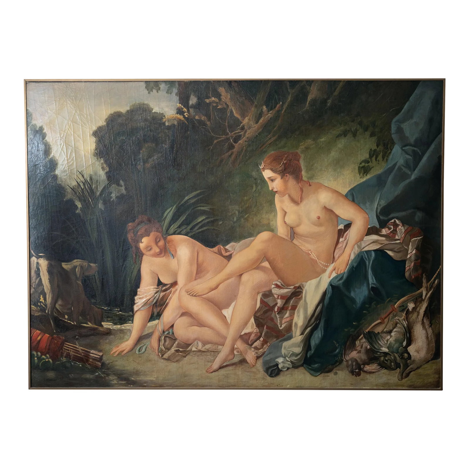 Diana Bathing, After Boucher Oil on Canvas, 19th Century: A large oil on canvas after Francois Boucher of a piece from 1742 that resides in the Louvre, Diane sortant du bain or Diana Bathing. France, late 19th century. 93 by 69 1/4 inches; 1 1/2 inches deep 