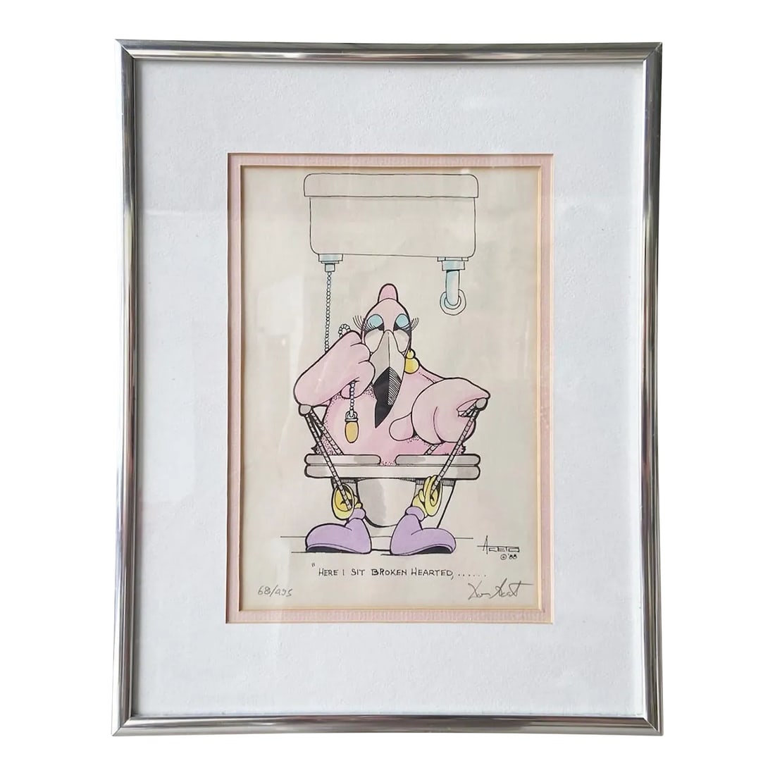 Framed and Singed Print "Broken Hearted" by Don Aceto: Amazing framed and signed print titled, Broken Hearted, by renowned Disney artist Don Aceto. Features a chrome frame with a white border. subject is a link Flamingo with lush eye lashes sitting on a t