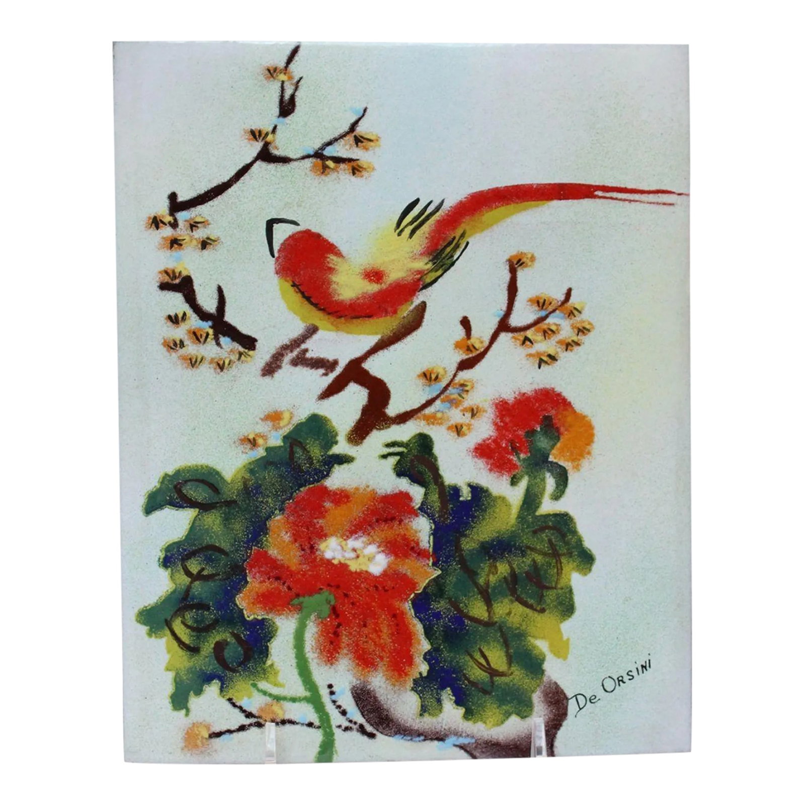 Mid-Century Modern Enamel on Copper Naturescape by De Orsini: Visually striking De Orsini enamel on copper plaque/painting depicting a bird (likely a Summer Tanager, given the coloring) in a branch amid leaves and flowers (ca. 1960s, USA). Bold usage of primary