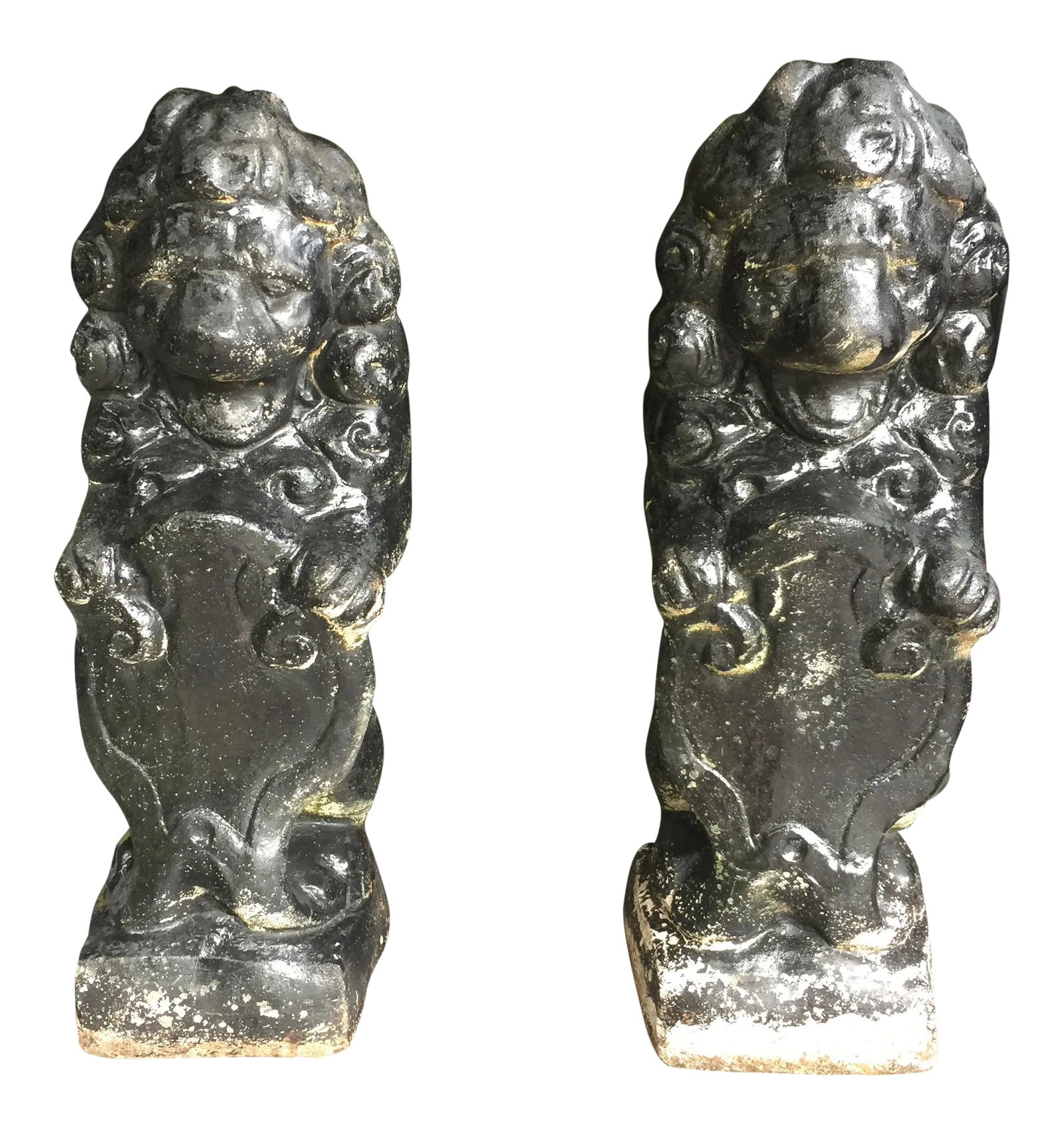Vintage Black Stone Lion Foo Dogs - A Pair: Gorgeous heavy stone foo dog lions perfect for a garden or interior design space. Condition: Alterations: Original Condition Unaltered Imperfections: Some Imperfections Condition Notes: Excellent -
