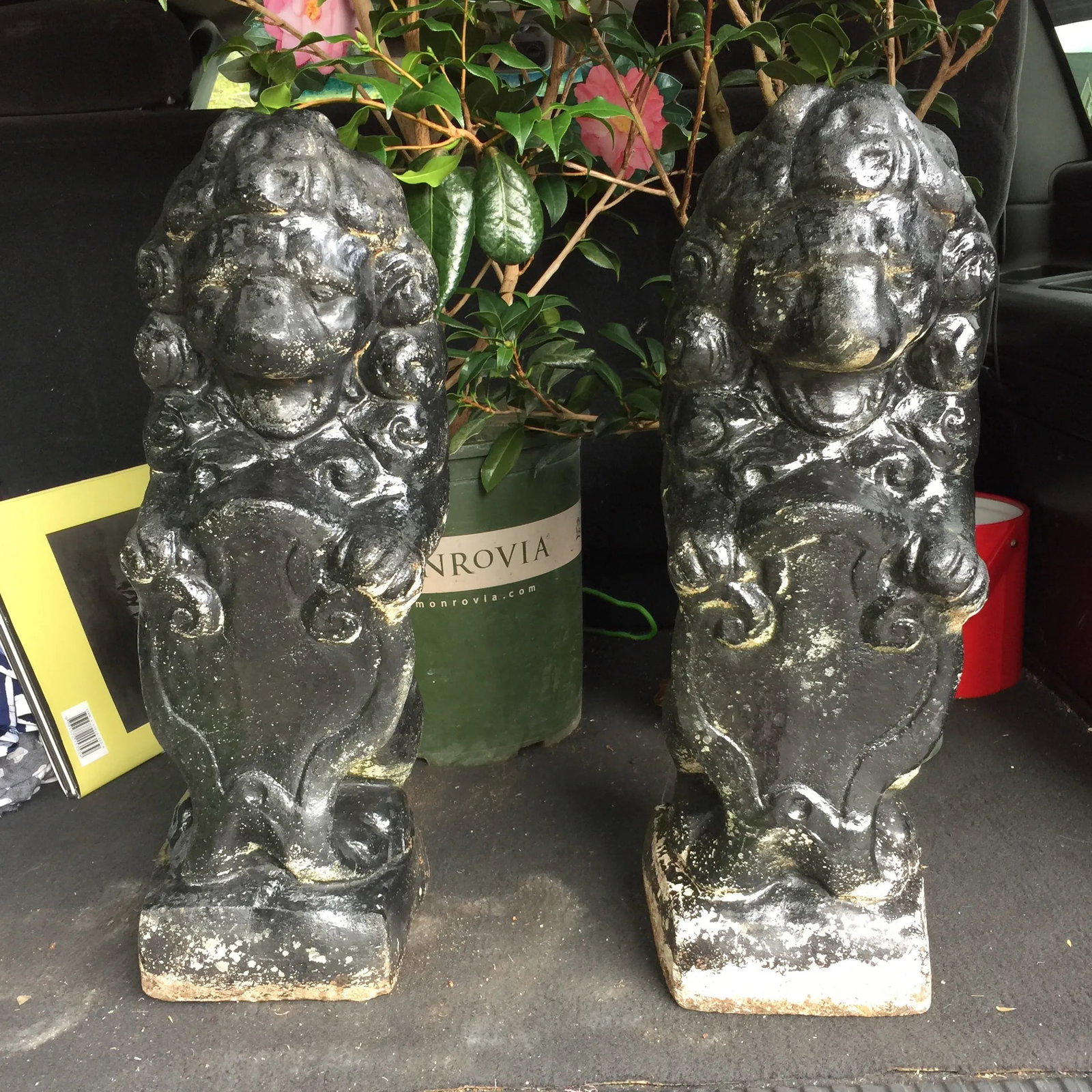 Vintage Black Stone Lion Foo Dogs - A Pair - 2
