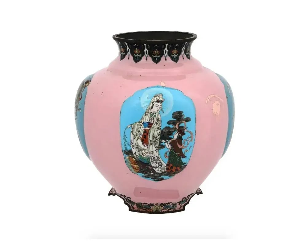 Extra Large Japanese Cloisonne Enamel Pink Vase Gonda - 2
