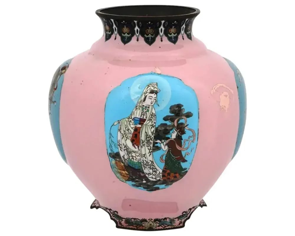 Extra Large Japanese Cloisonne Enamel Pink Vase Gonda - 9