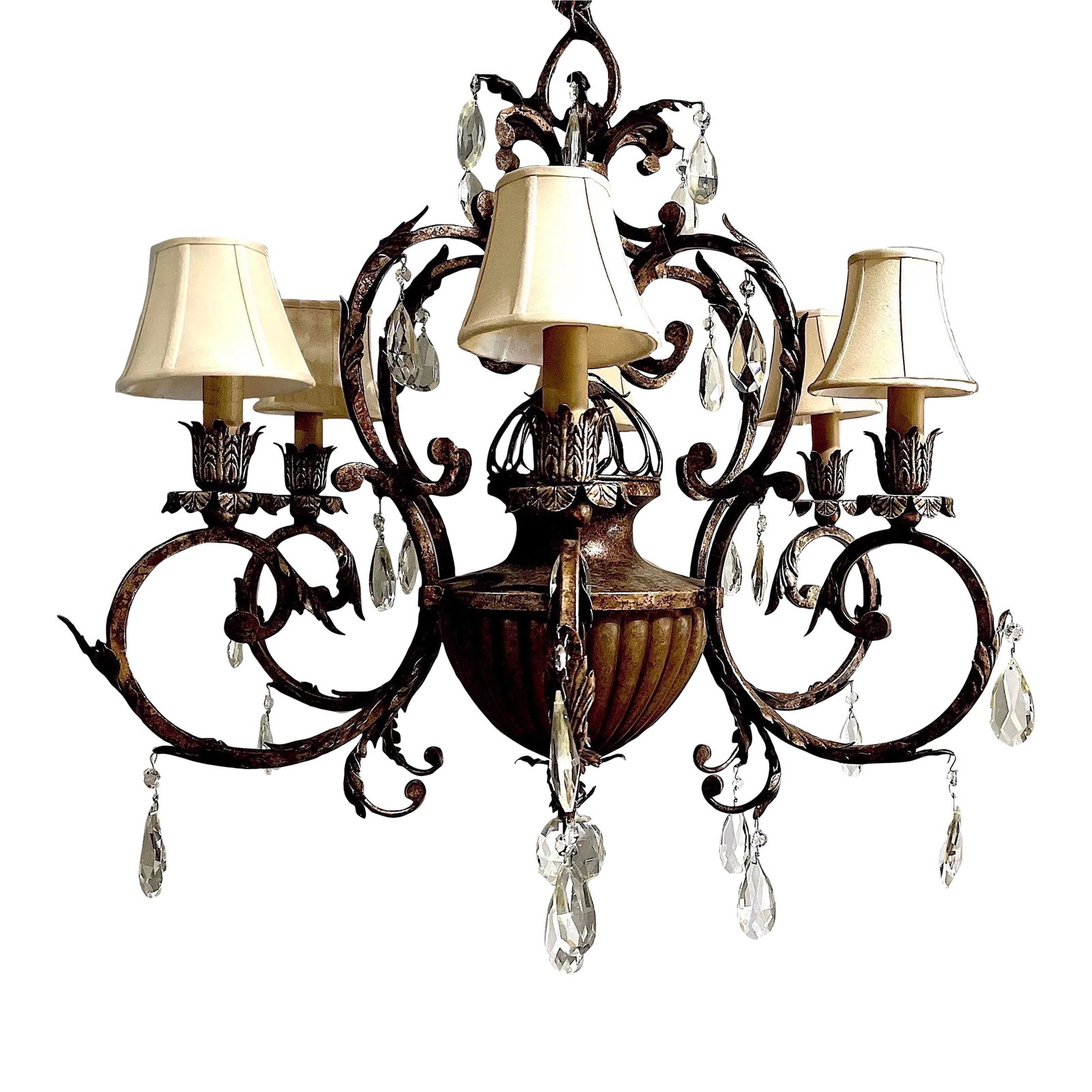 French Inspired Hand-Wrought Iron Six + One Light Chandelier by Fine Art Lamps: Crafted by Fine Arts Lamps in August of 2011 - this chandelier originally cost over $8,000. Part of the "Midsummer Night's Dream Collection - it stands at 35" high its forged steel frame features a