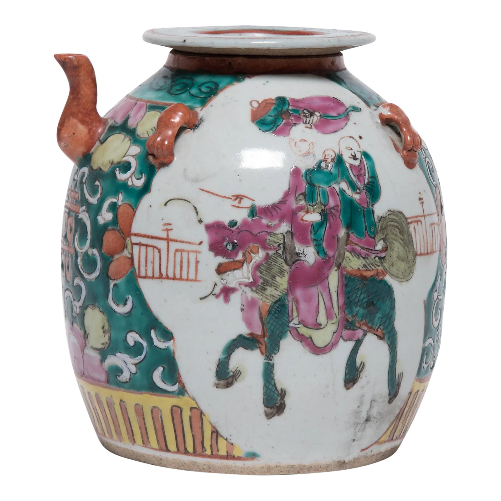 Antique Chinese Enamelware Teapot With Mythical Qilin: Tea drinking has been an integral part of Chinese culture for centuries, resulting in a wide range of social customs and material traditions. In addition to tea leaves, water, and heat, the art of dri