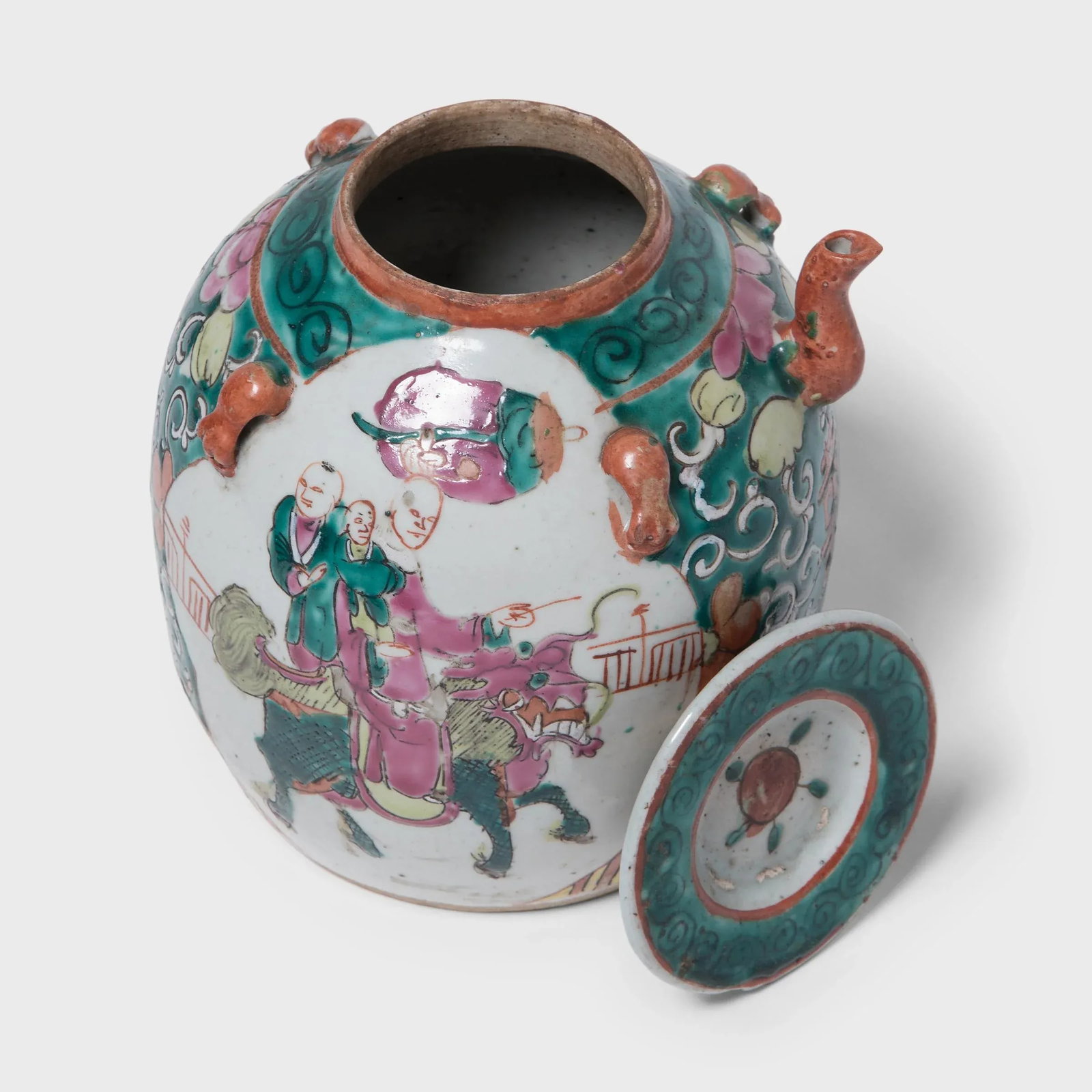 Antique Chinese Enamelware Teapot With Mythical Qilin - 6
