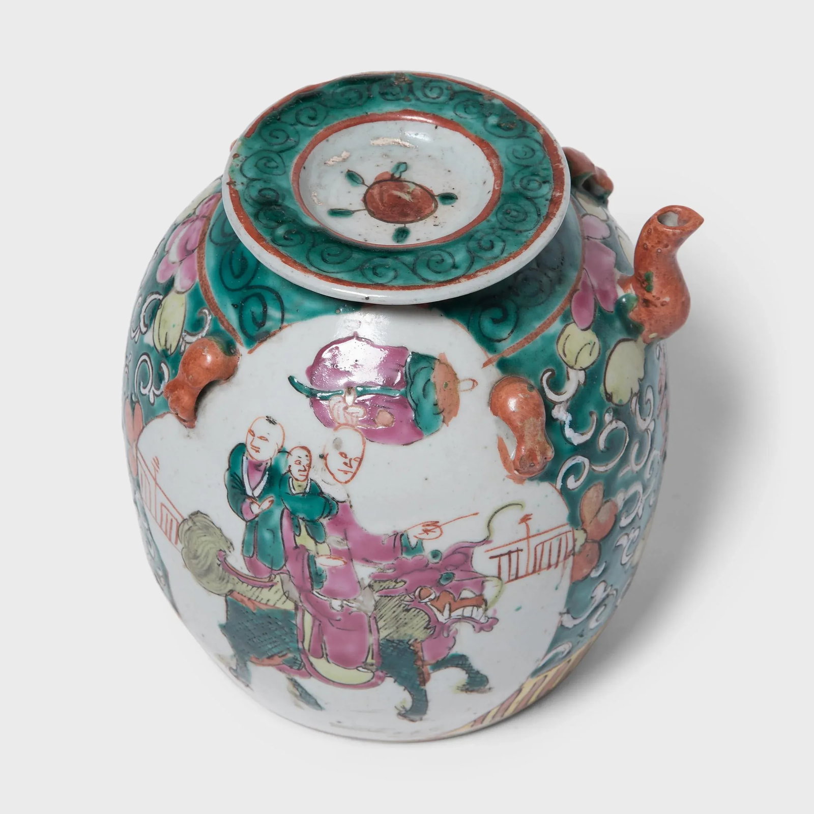 Antique Chinese Enamelware Teapot With Mythical Qilin - 7