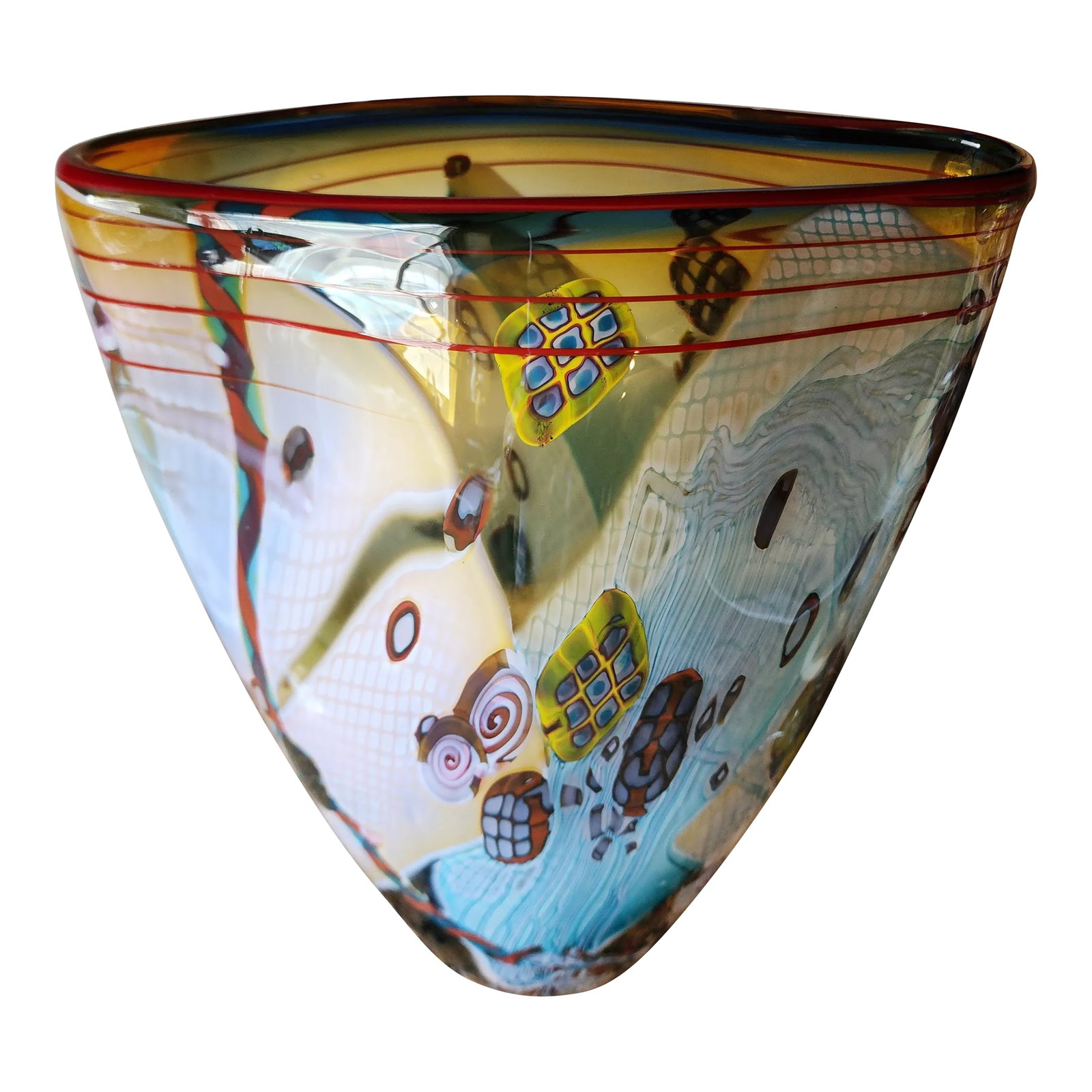 Late 20th Century Wes Hunting Signed Colorforms Art Glass Vase: Large colorform art glass vase by talented glass maker Wes Hunting. According to the artist, this series began in 1984 and has slowly evolved into the present work today. The vase form was the