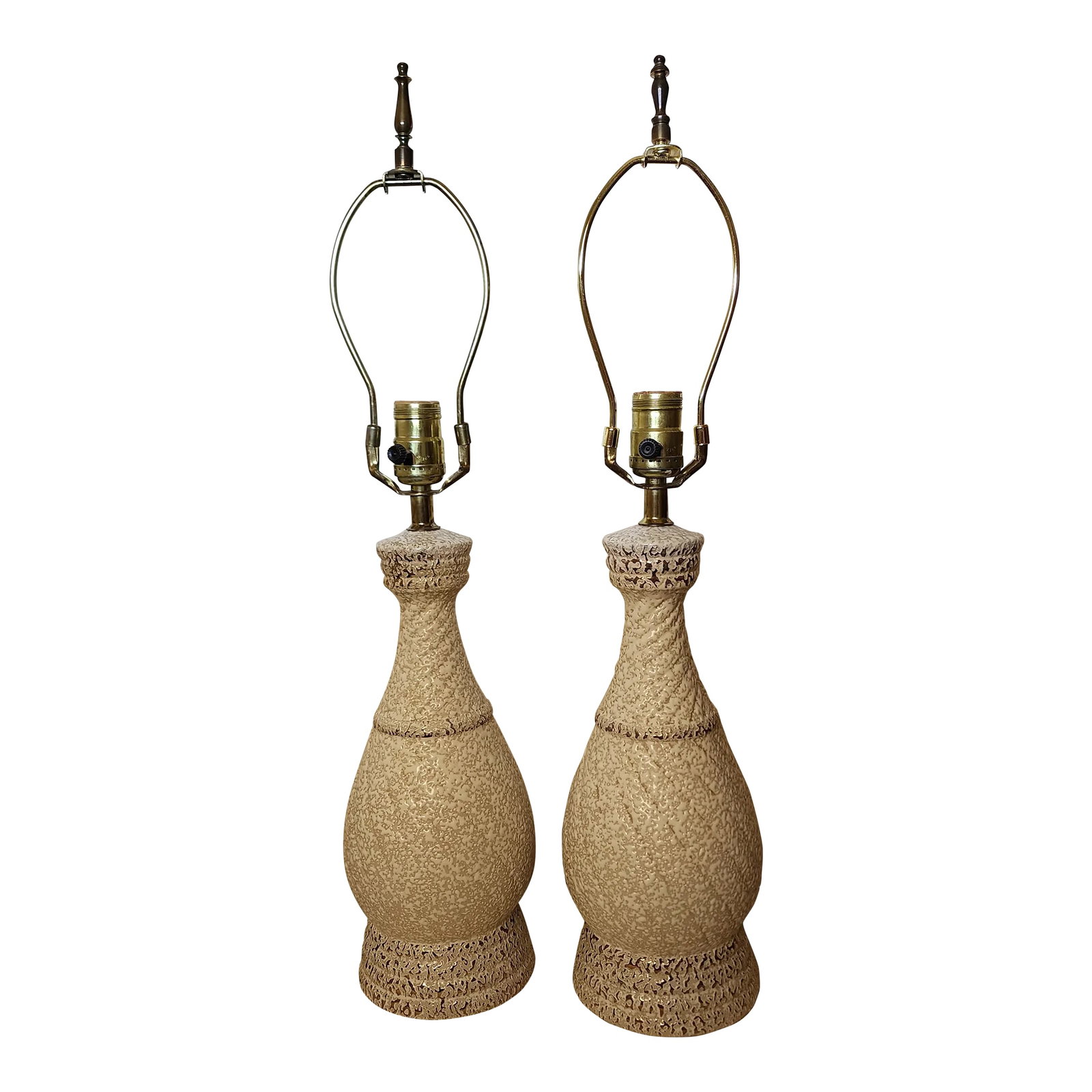 Pair of Vintage Late 20th Century Orange Peel Lamps: Petite Mid Century lamp pair in gold banded white orange peel glaze. They would make a handsome bedside pair. Condition: Alterations: Original Condition Unaltered Imperfections: Some Imperfections Con