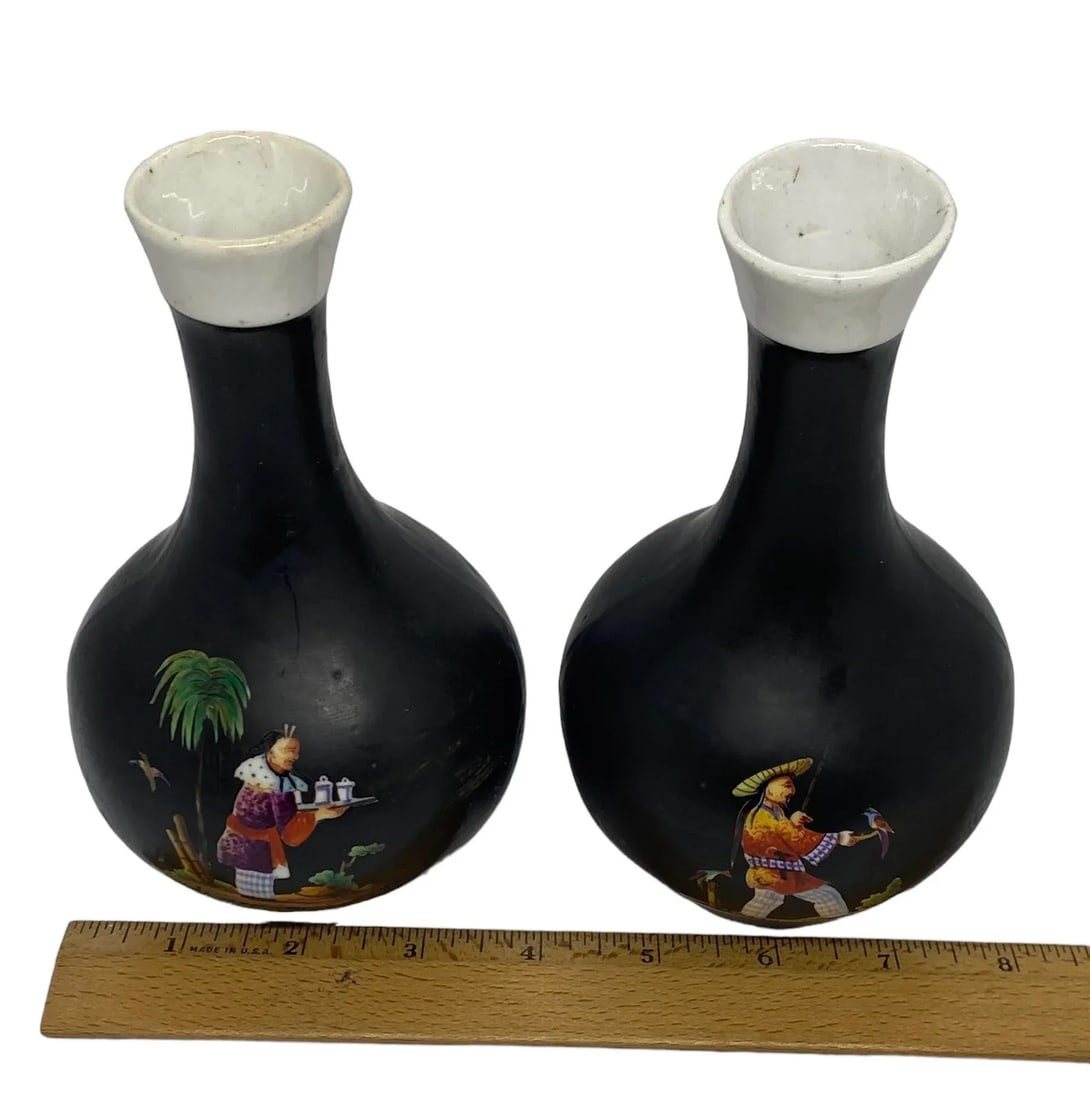 Vintage Mid 20th Century Asian Handcrafted Porcelain Black & White Vases With Four Decorative Scenes - 10