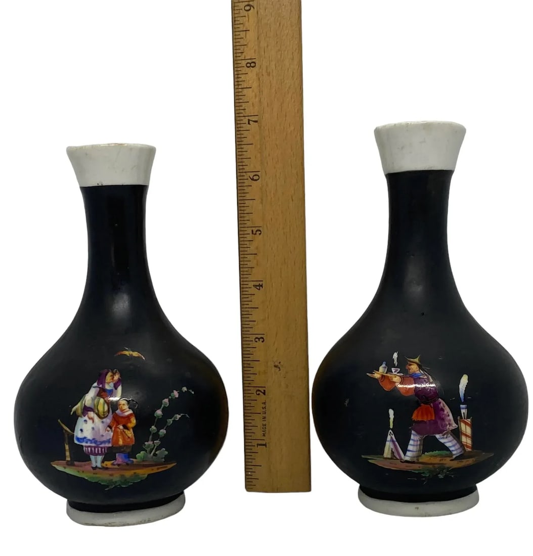Vintage Mid 20th Century Asian Handcrafted Porcelain Black & White Vases With Four Decorative Scenes - 11
